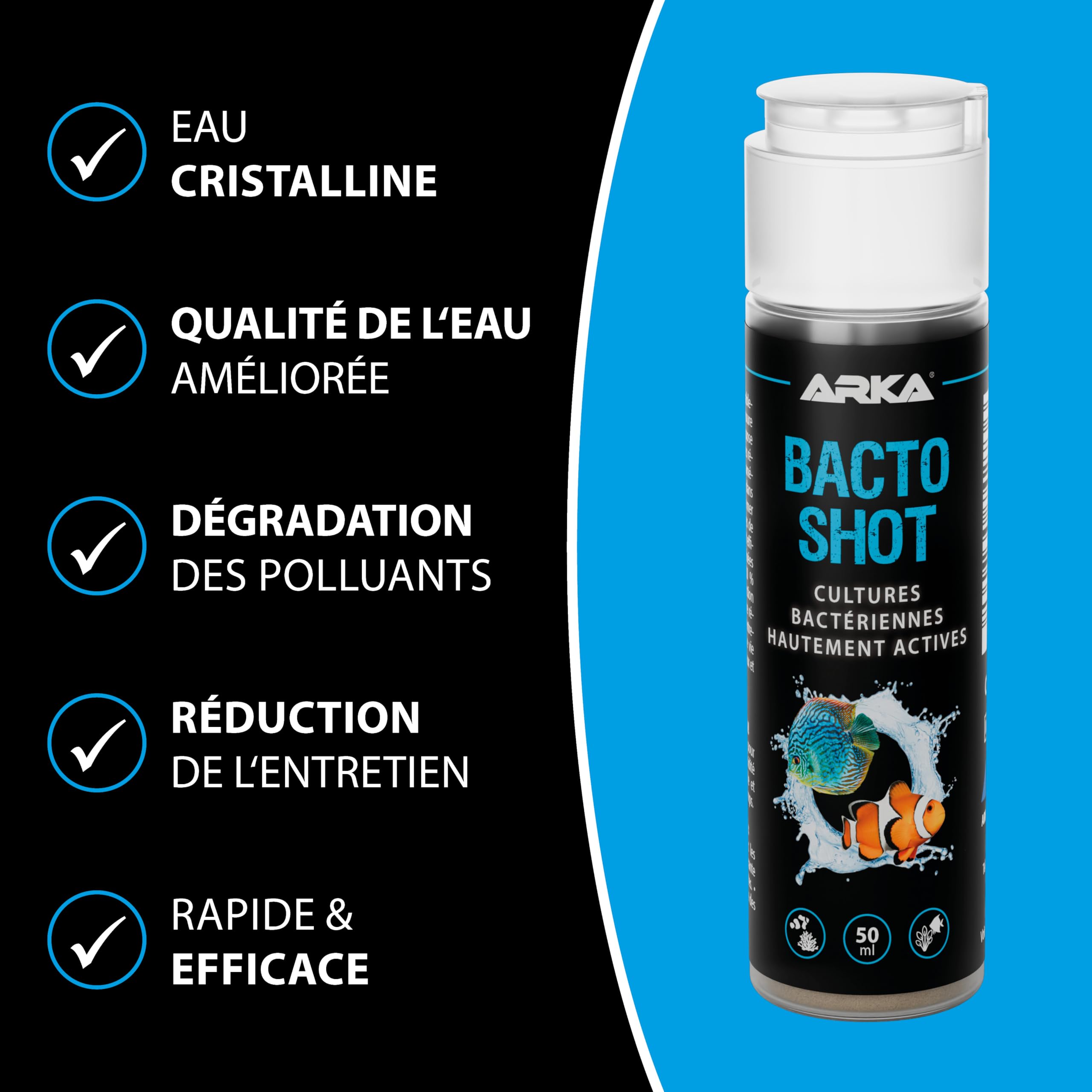 Bactéries Aquarium 50 ML – ARKA Bacto-Shot – clarifie l’Eau en 24h – bactéries vivantes nettoyantes & filtrantes avec Support Naturel – idéal en Cas de nitrites, Trouble ou démarrage