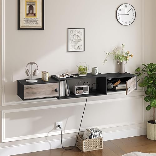 Miniatura 4 de HOOBRO Soporte de TV flotante de 55 pulgadas con tomas de corriente, moderno estante de consola multimedia montado en la pared con puertas, centro