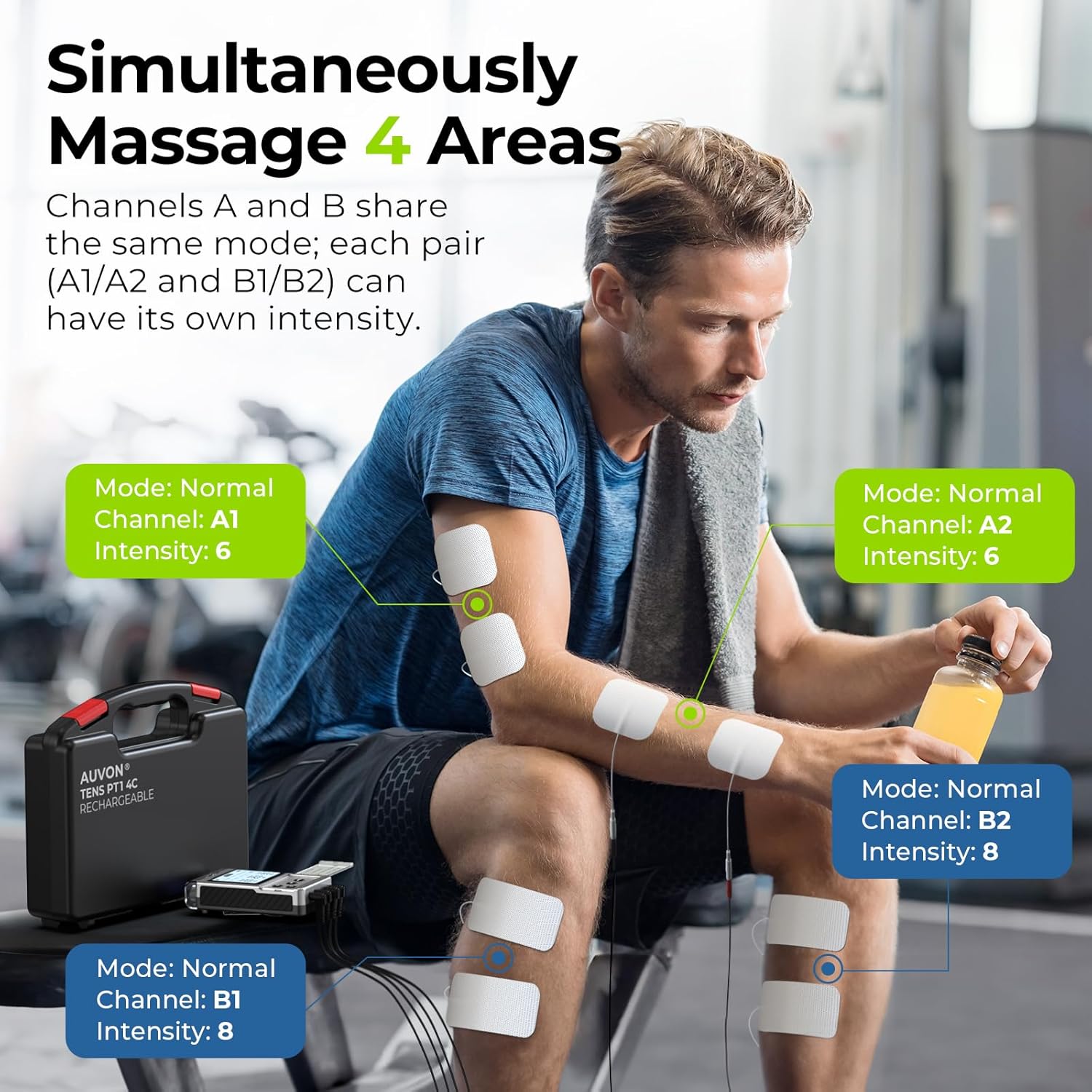 AUVON Rechargeable 4-Channel TENS Unit Muscle Stimulator for Back Pain Relief, Digital TENS Machine with 8 Customizable Modes, Electronic Pulse Massager Easy to Use, 16 Premium TENS Pads, A Carry Case