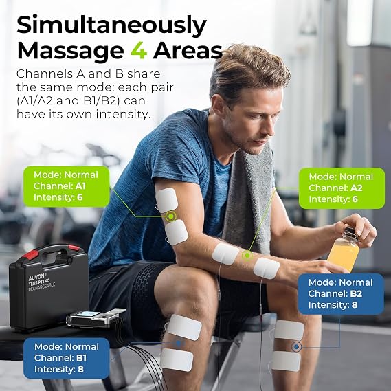AUVON 4-Channel Digital TENS Unit Muscle Stimulator, Customizable 8 Modes