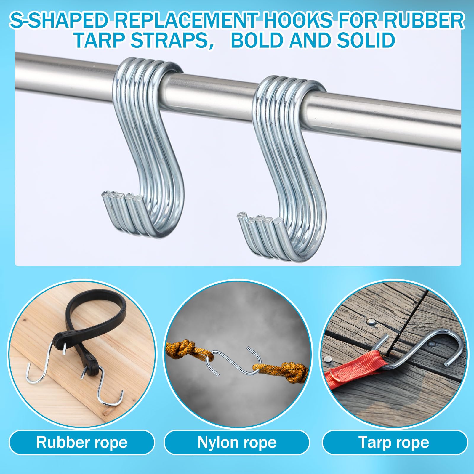 Yaocom 100 piezas de cuerda elástica de lona en S, ganchos de acero en forma de S, ganchos elásticos de acero resistentes a la corrosión, ganchos de metal para cuerda elástica, fibra de nailon y goma