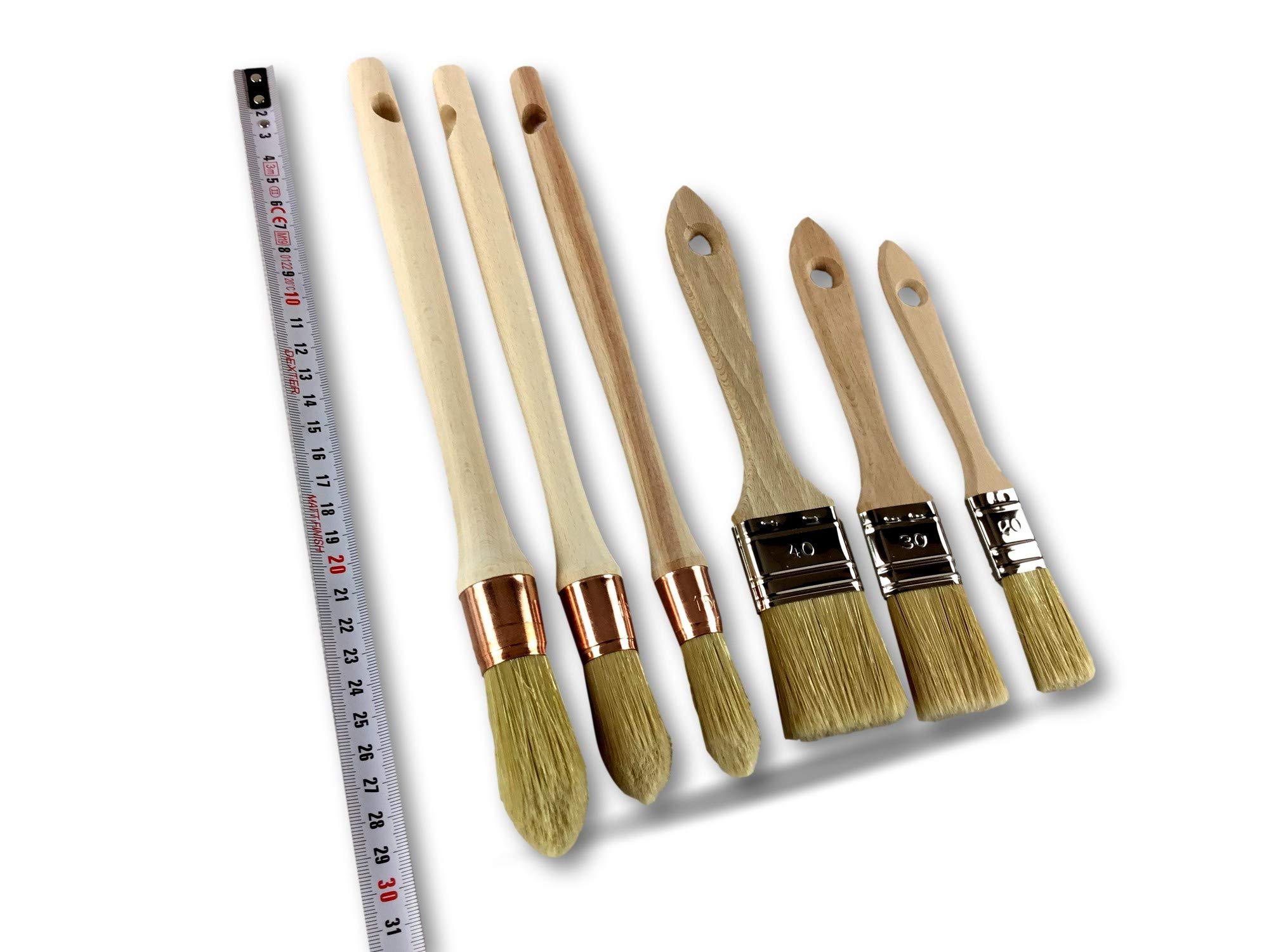 Juego de 6 pinceles de fabricación francesa | Material profesional | 3 platos para barnizar: 20-30 - 40 mm | 3 pulgadas para rechampir 15-18 - 21 mm | Cerdas de seda blanca | Kibros LOT371323_Pro