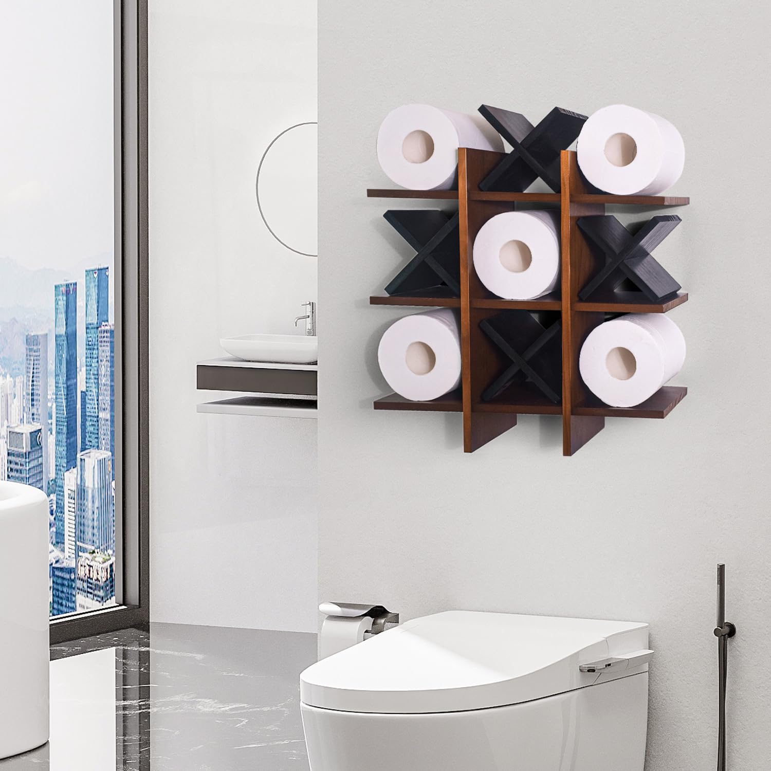DAOYOUSKY Tic Tac Toe - Soporte de papel higiénico con 4 piezas de madera X, rústico montado en la pared, organizador de almacenamiento de papel higiénico con estante, decoración de baño de invitados,