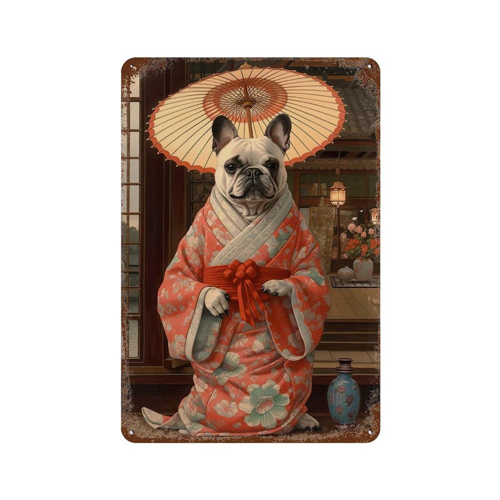 Garage Style French Bulldog Geisha Retro Metal Sign 11.8"x7.9", Classic Wall Plaque for Bar And Workshop