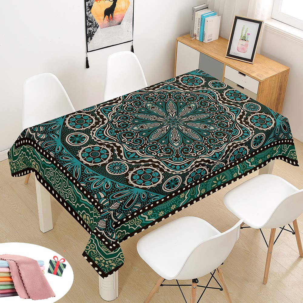 Morbuy Waterproof Table Cloths Rectangle, Stain-Resistant Bohemia Tablecloth Easy Wipe Square Print Oil-Proof Table Cover for Home Kitchen Dining Garden Party Decorative (Dark Green,140x200cm)