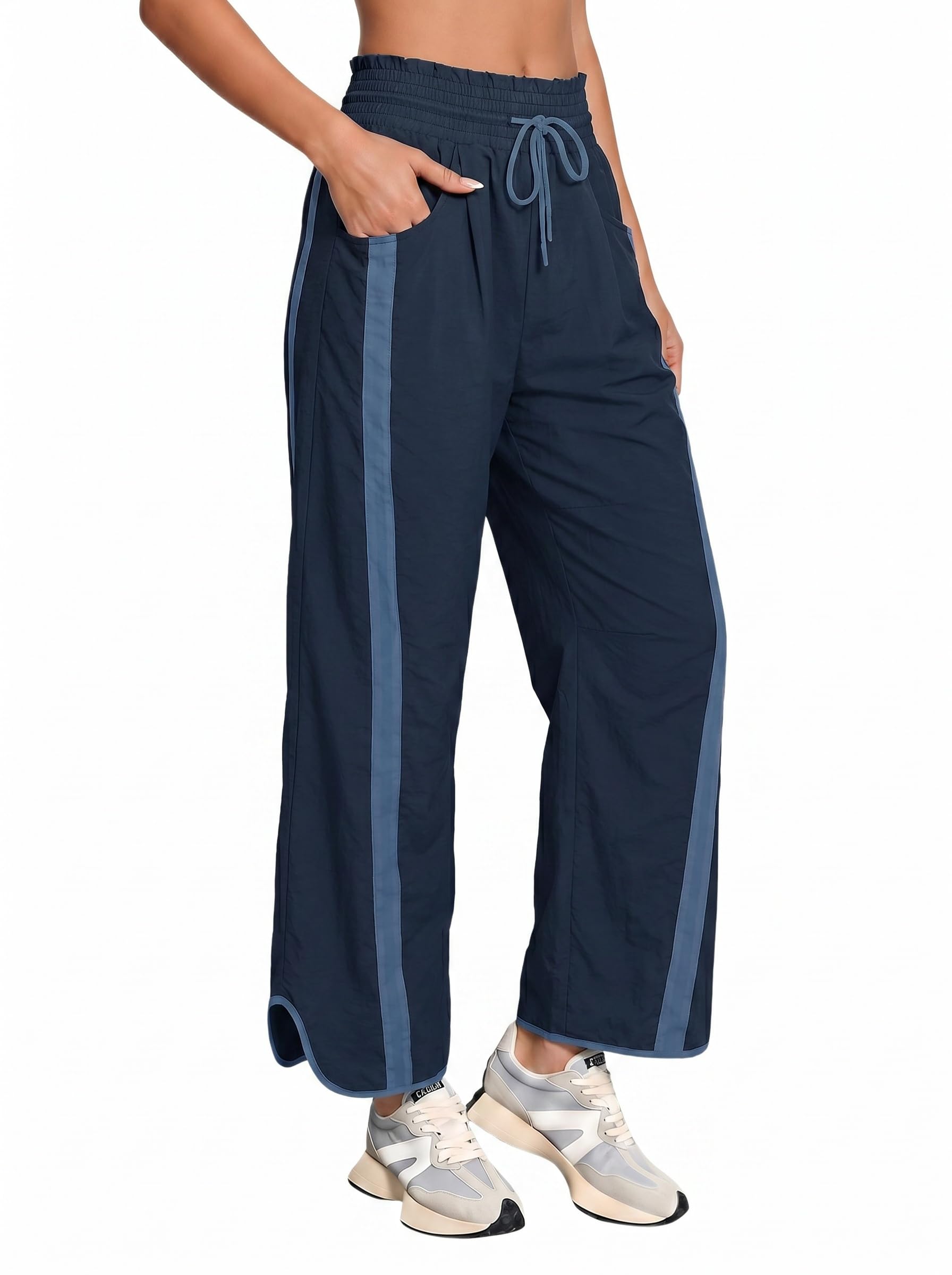 Fisoew Damen Jogginghose mit Weitem Bein und Elasticher Taille Sporthose Baggy Y2K Hose Kordelzug Traininghosen Kontrastfarben Freizeithose mit Taschen