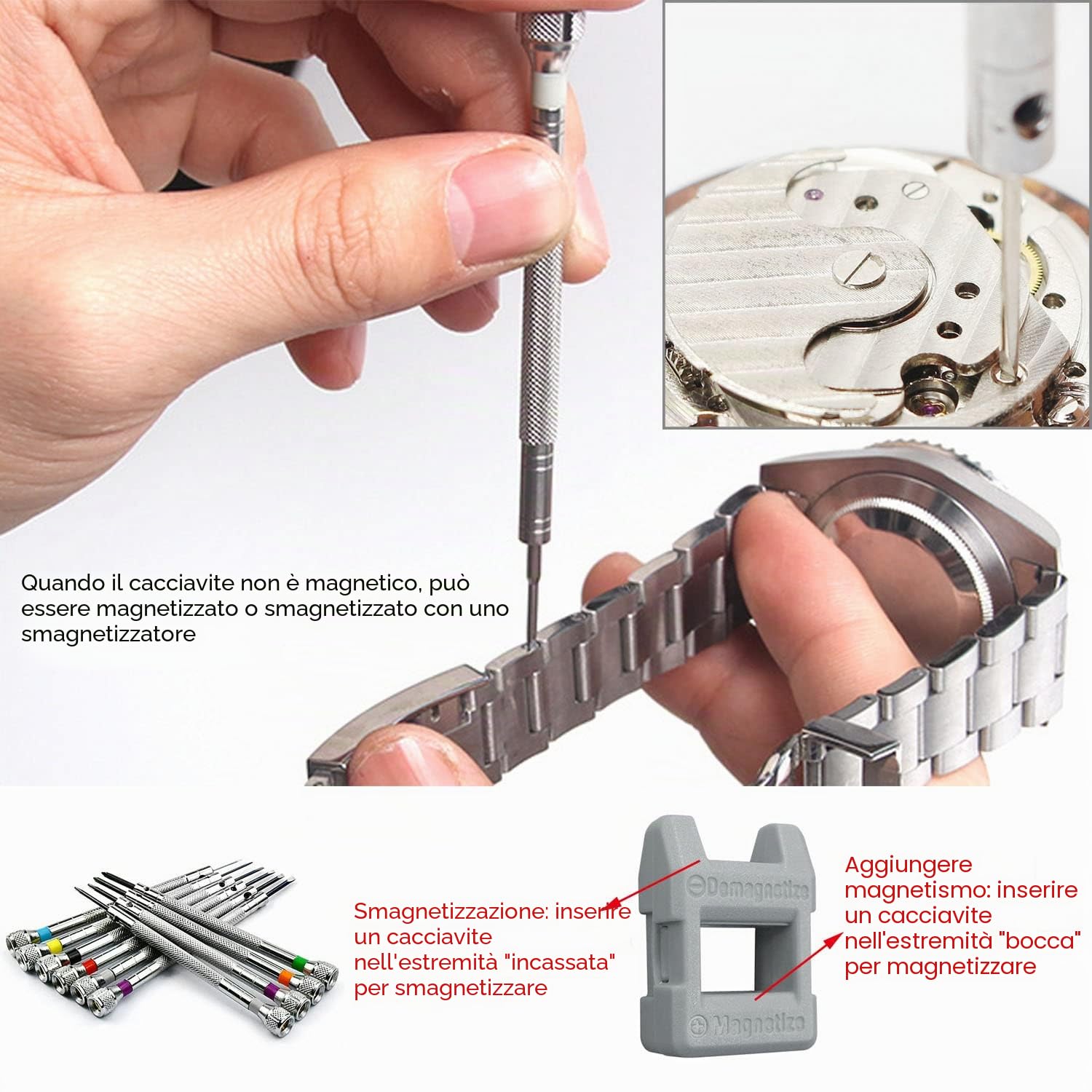 Cacciaviti di Precisione Orologiaio, 10 Pezzi, 0.6 - 2.0 mm, Kit con Smagnetizzatore, Giraviti per Riparazione Elettronica di Orologi