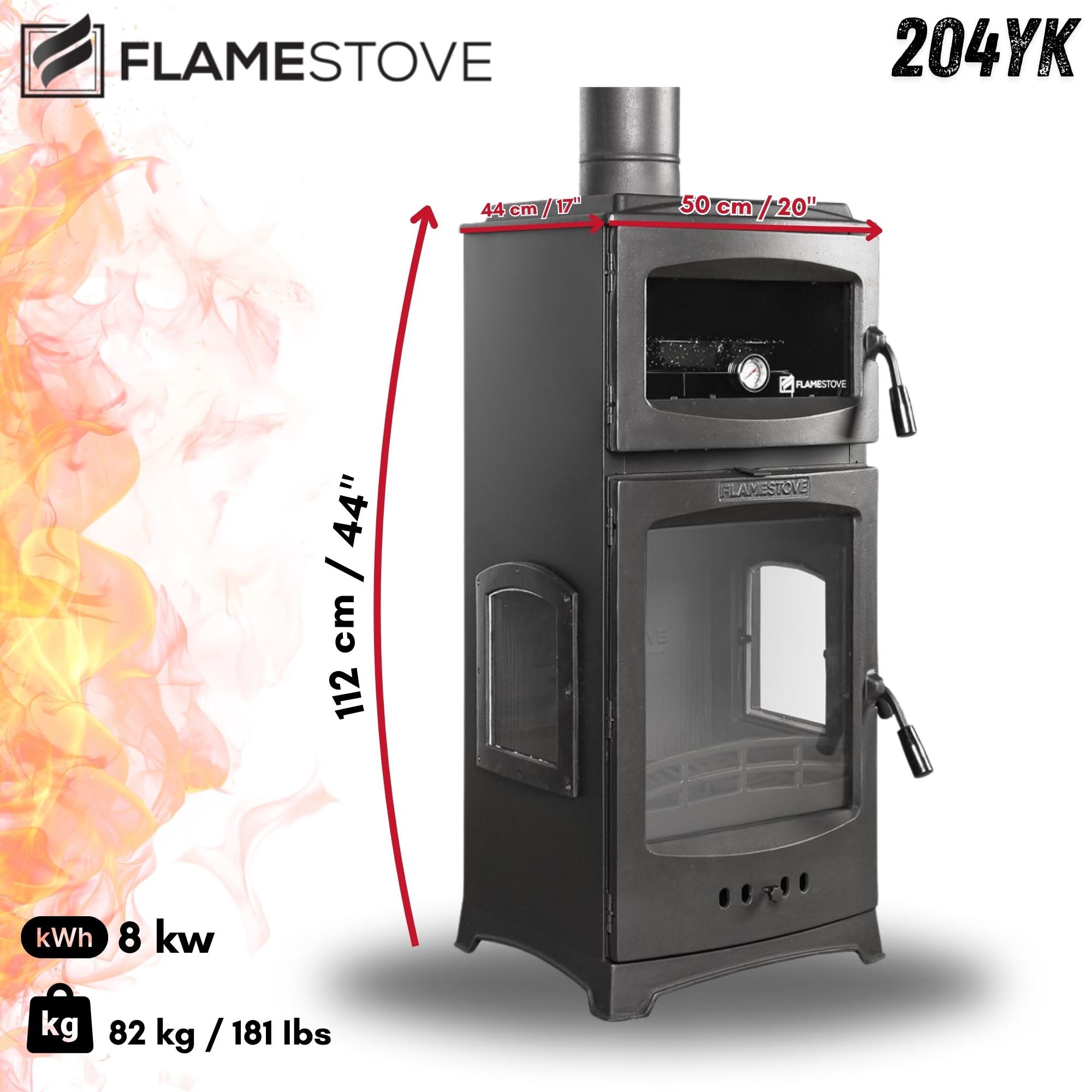 Poêle à bois en verre à 3 côtés avec porte latérale et poêle en fonte certifiée CE et EcoDesign 2022 avec four, combustion efficace du bois et du charbon, 8 kW, 82 kg