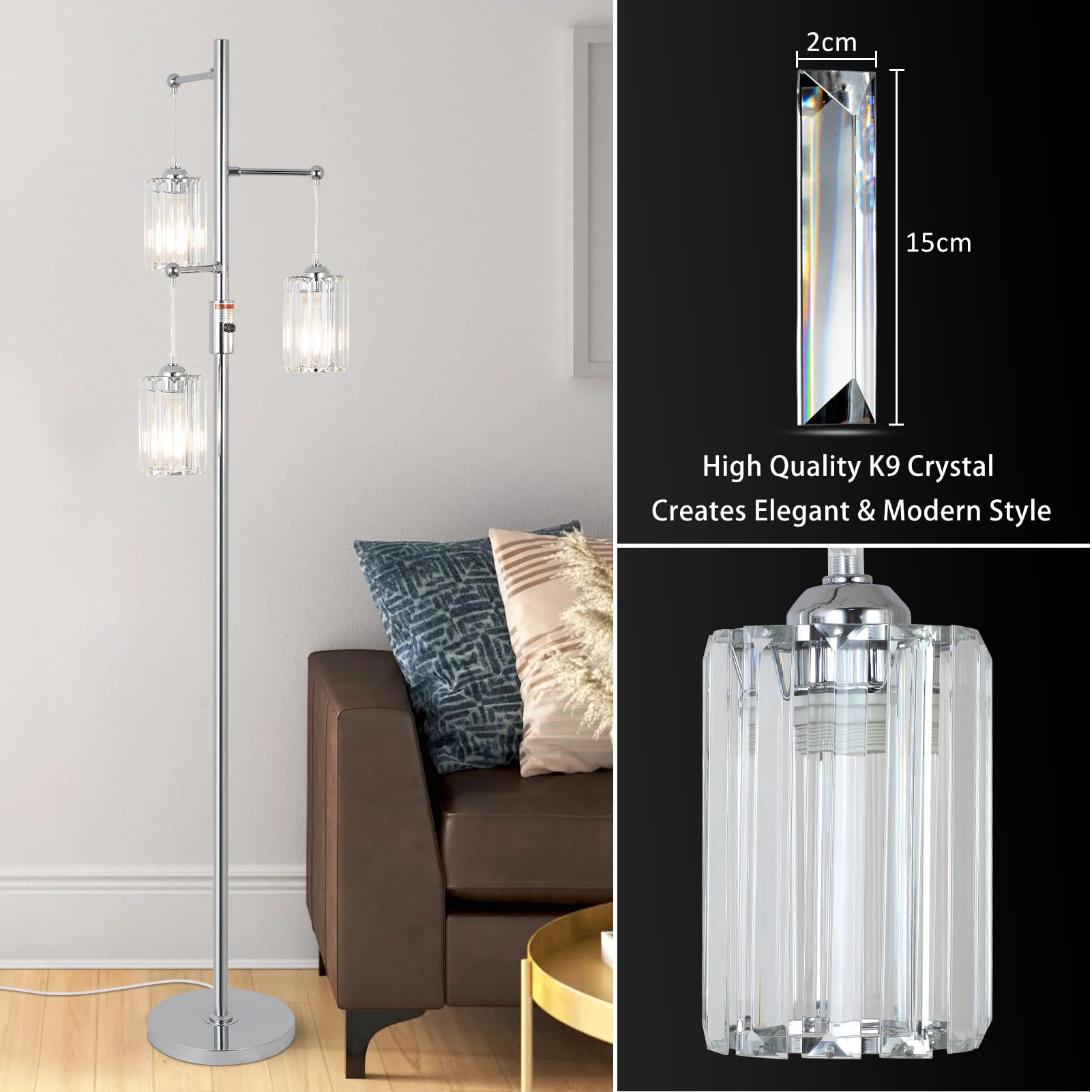 Rayofly Chrom Stehlampe Wohnzimmer, 3-flammig Dimmbar Stehlampe mit Glas Lampenschirm, Modern Kristall Standleuchte Silber, Crystal Floor Lamp, Kristall Stehleuchte für Schlafzimmer Kinderzimmer Büro