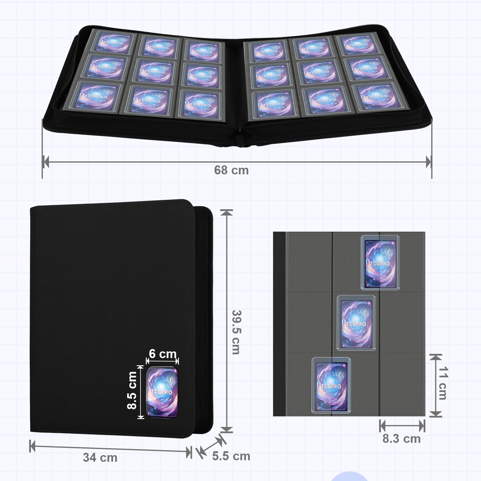 TCGPRO Toploader Binder mit Sichtfenster für 360 Karten in 3"x4" Rigid Hüllen, Toploader Album mit 9 seitliche Pocket und Reißverschluss, kompatibel mit MTG, TCG, Sports Cards etc. Schwarz