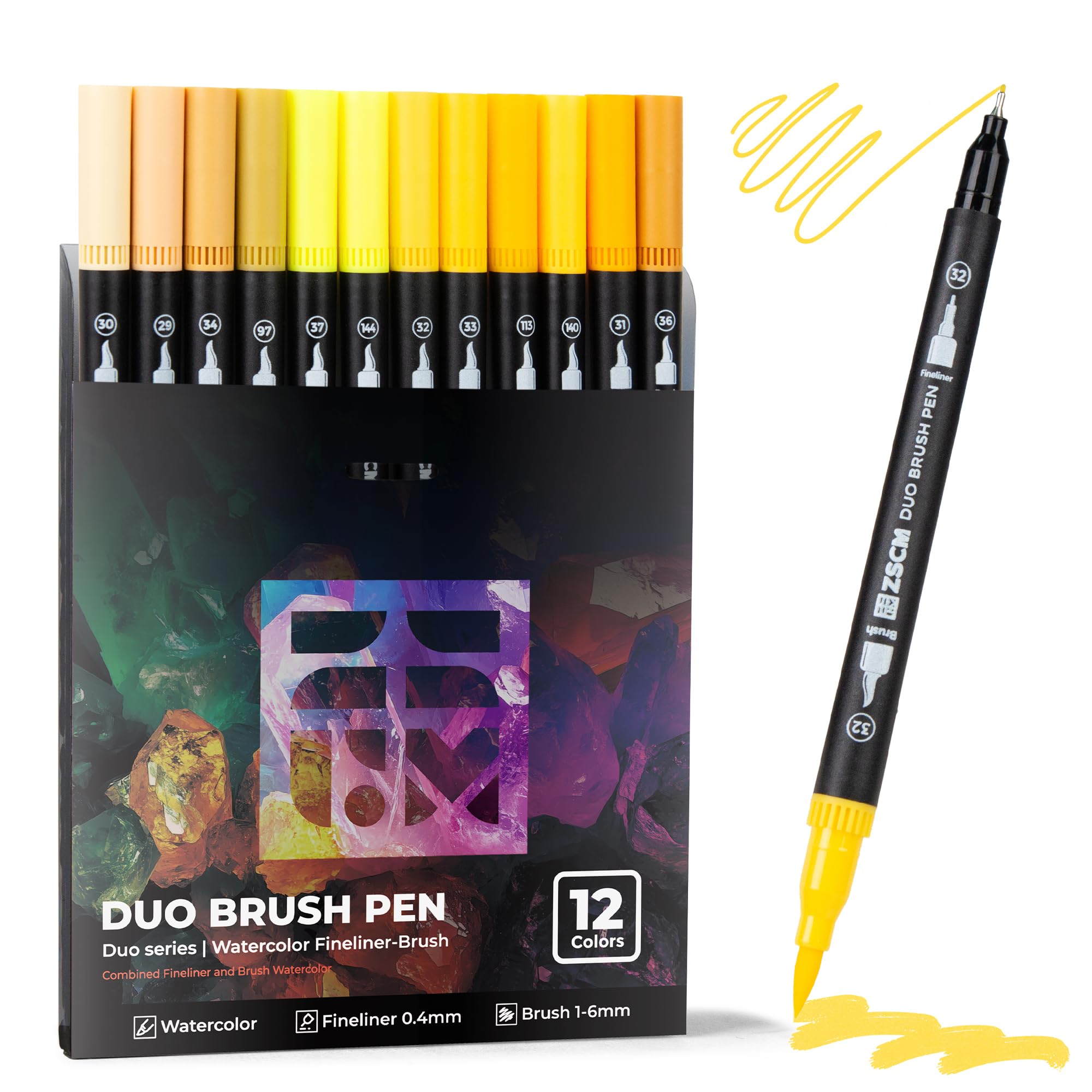 ZSCM Yellow Duo Tip Marker Pens, 12 Pack Fine & Brush Markers for Adult Colouring Books No Bleeding, Sunshine Yellow Markers for Summer Themes, Sunflower Art, Energetic Accents and Happy Doodles