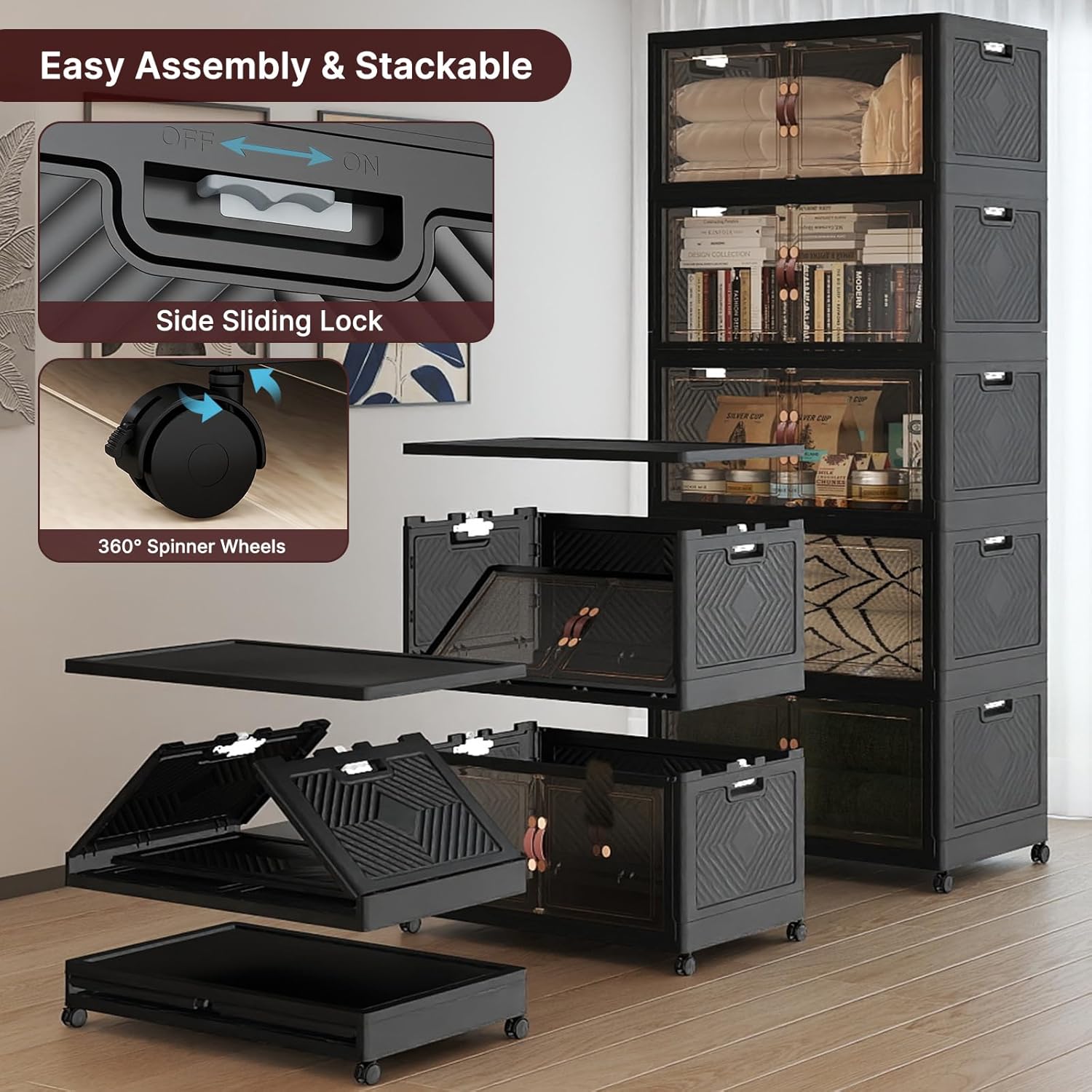 800Qt Stackable Storage Bins with Lids, 5 Pack Large Collapsible Bins with Wheels, Plastic Cabinet with Doors, Foldable Closet Organizers and Storage for Home, Dorm, Office, Black