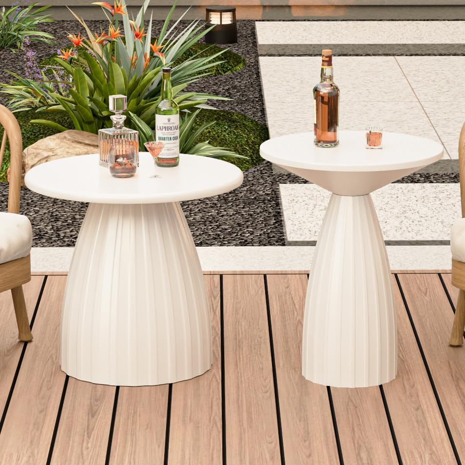 Round Small Patio Side Table Set of 2, Patio Furniture Accent End Table, Metal Steel Outdoor Side Table, for Garden, Pool, Yard, Balcony, Living Room, Deck, Weather Resistant, No Assembly, Beige White