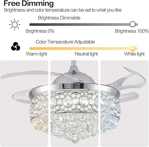 Miniatura 10 de Ventilador de techo de cristal regulable de 48 pulgadas con luces y control remoto, lámpara retráctil invisible para dormitorio, sala de estar,