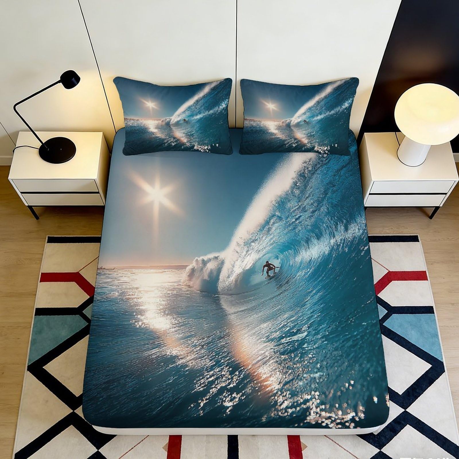 Pnayamiorkfel Style-6 3D Printed Ocean Wave Fitted Sheet Microfiber Blue Surfing Sunlight Mattress Cover For Bedroom Guest Room Decor 90X200x25cm