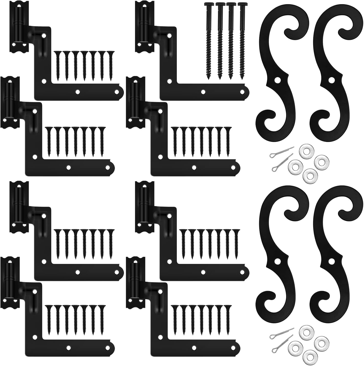 Moxweyeni 8 Pack (4 Pair) Steel Blind Shutter Hinges 1-1/16" with S Holdback Hooks for Exterior Shutters Window Kit Steel with Black Powder Coating Lift Off Pintle Reversible Hinges Heavy Duty Door