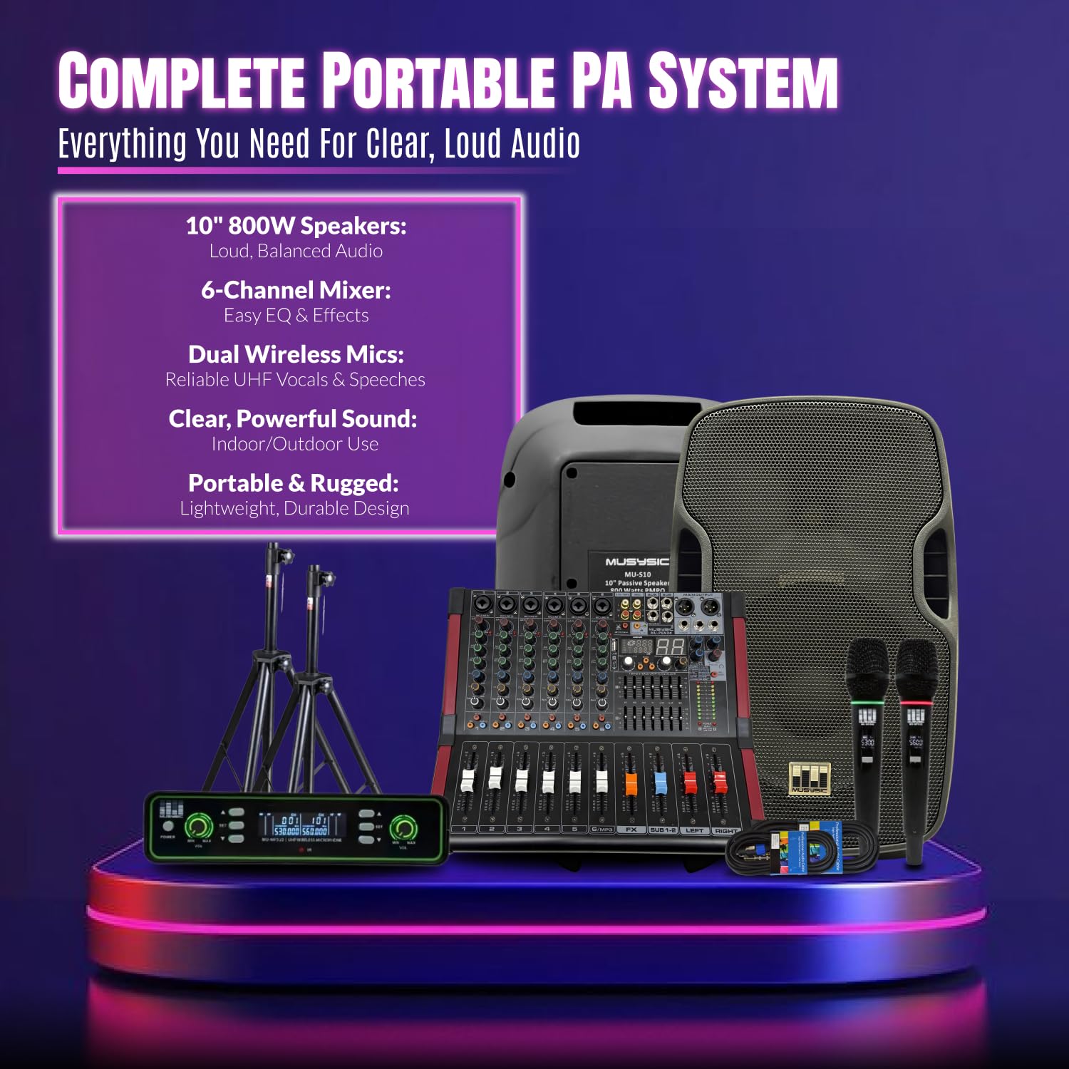 MUSYSIC Portable PA System with 2000W Amp & Wireless UHF Microphone System. 6 Ch Audio Mixer with Multiple Inputs. pa system with wireless microphone and speakers, Complete w/Stands - 10" Speaker 800W