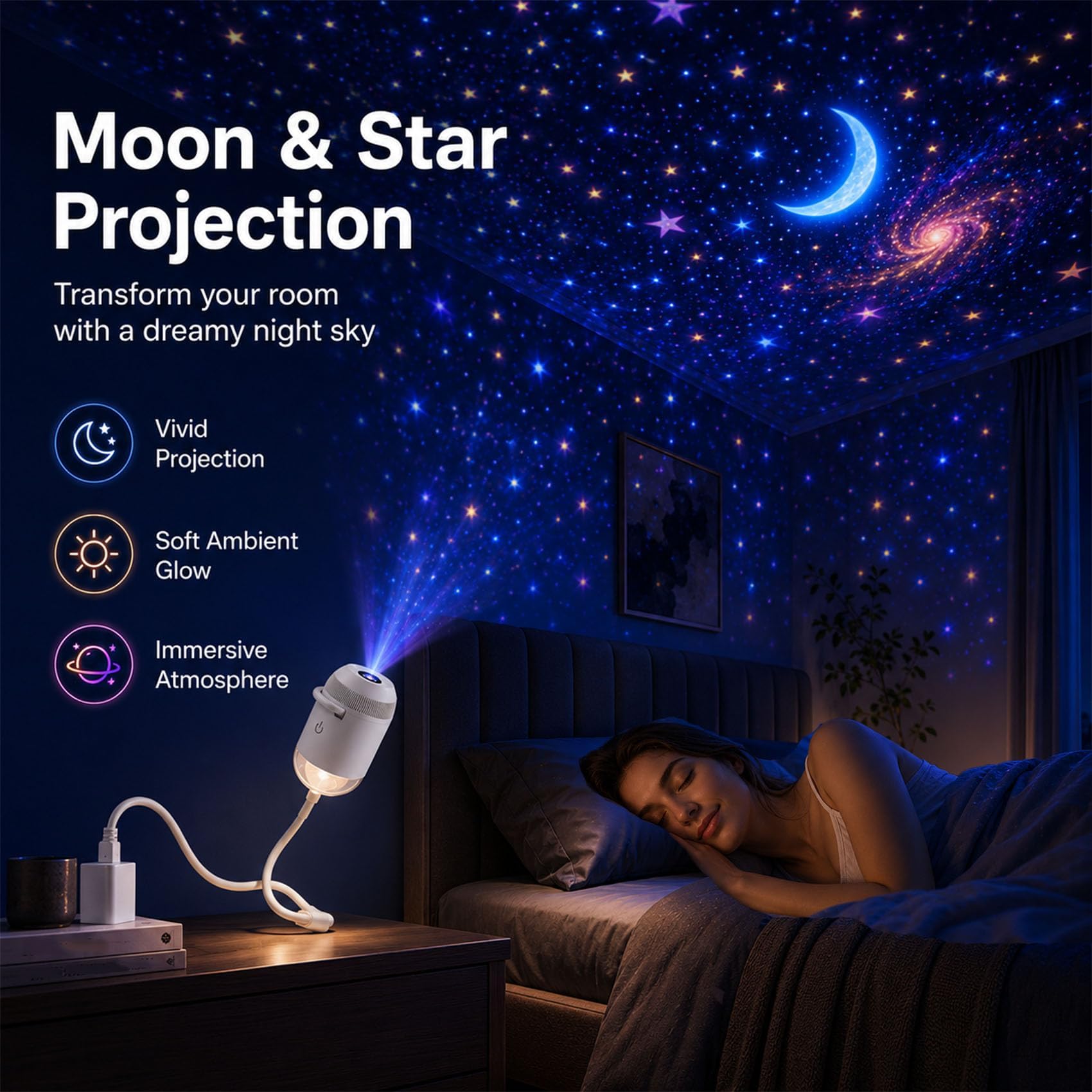 2-in-1 Galaxy Projector Night Light, HD 5D Holographic Night Light Projector, USB Galaxy Star Lamp | USB Power, 360° Flexible Angle for Bedroom, Car Decor (24 Films)