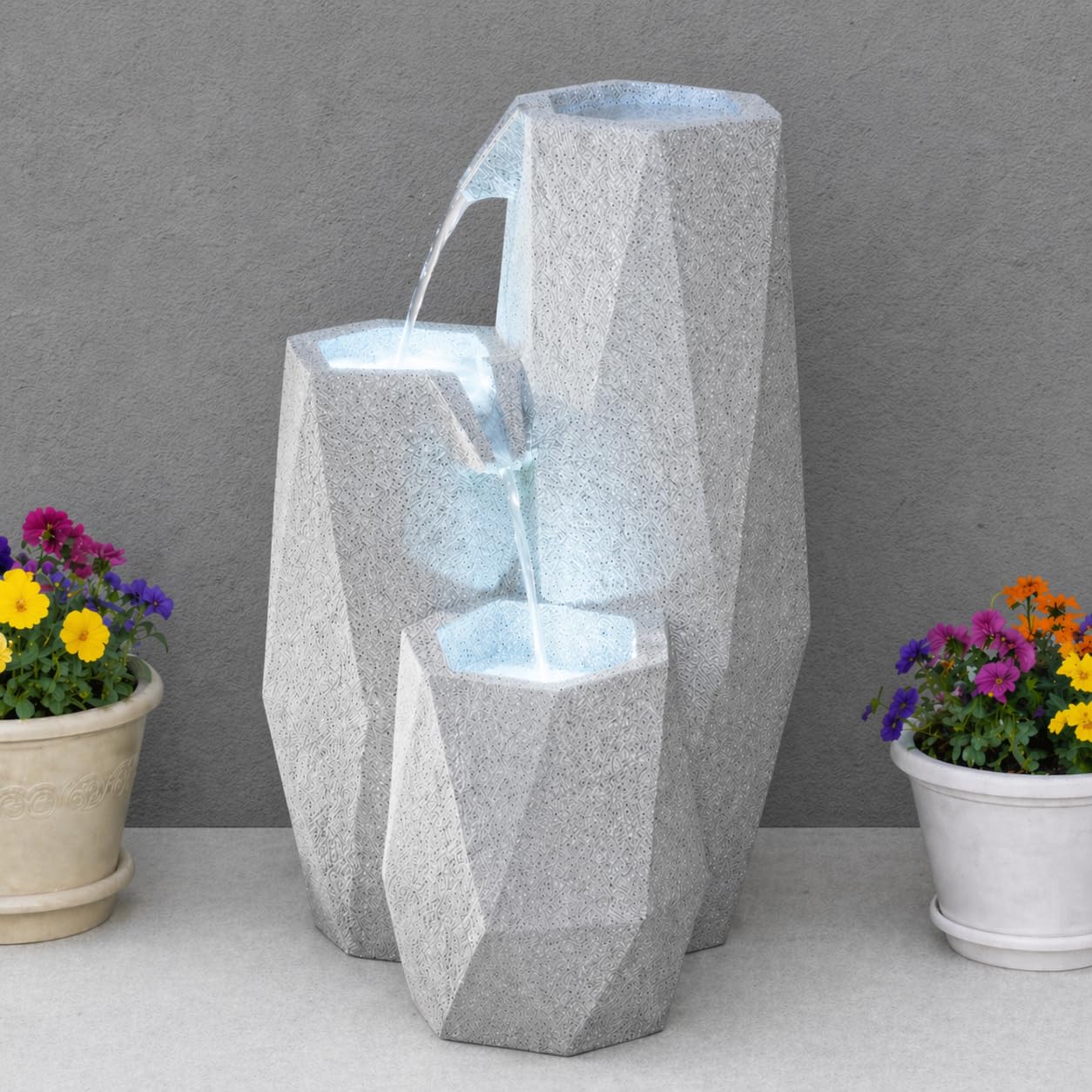 Festive Lights – 49.5cm Garden Water Feature, Serenity Cascading Outdoor Fountain, Solar & Mains Powered, White Stone Effect Polyresin, LED Light, Timer, IP44, 3m Cable