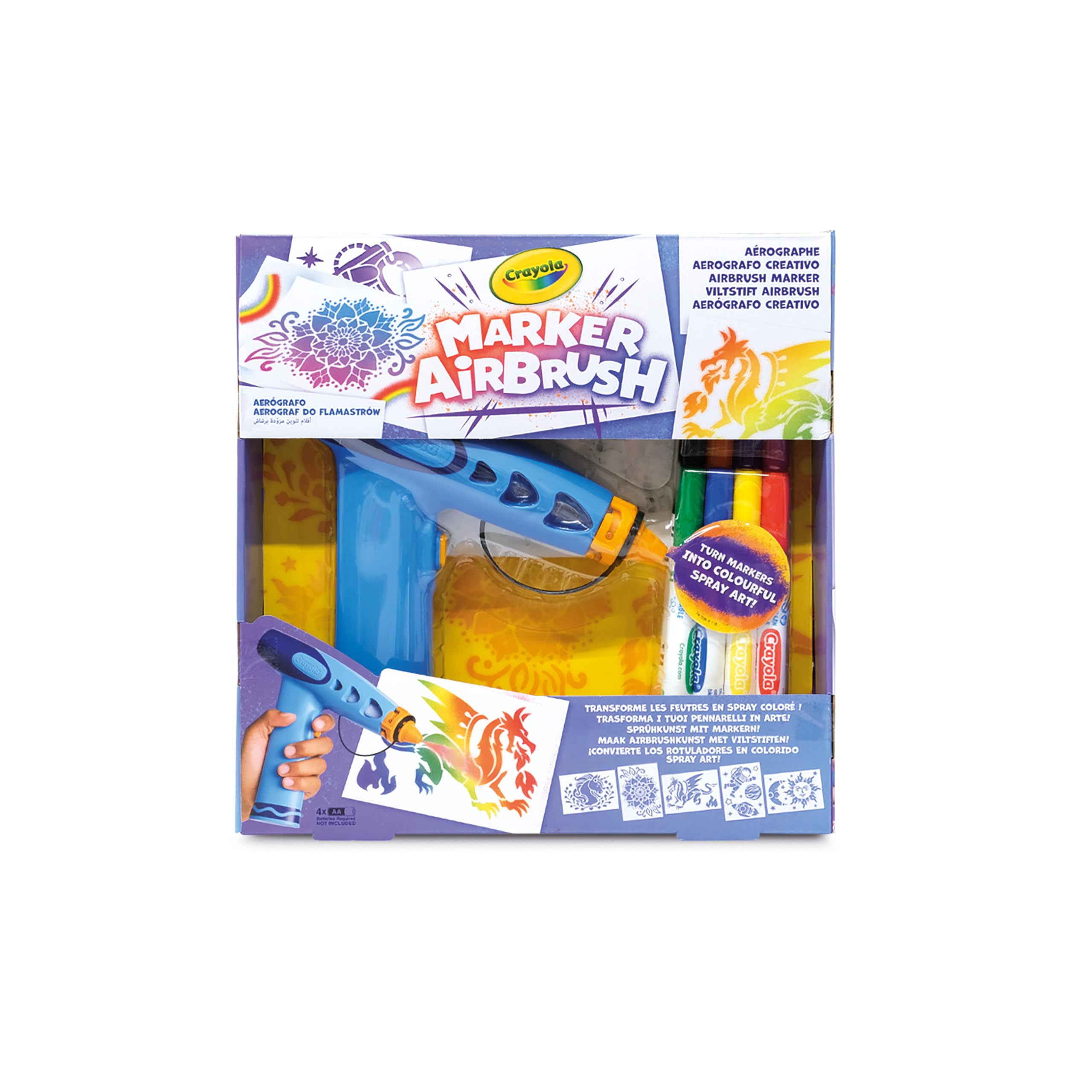 CRAYOLA Marker Airbrush – Aerógrafo Creativo para niños con 8 rotuladores Lavables y 5 Plantillas – Juguete Educativo para Actividades artísticas, a Partir de 6 años, 74-7696