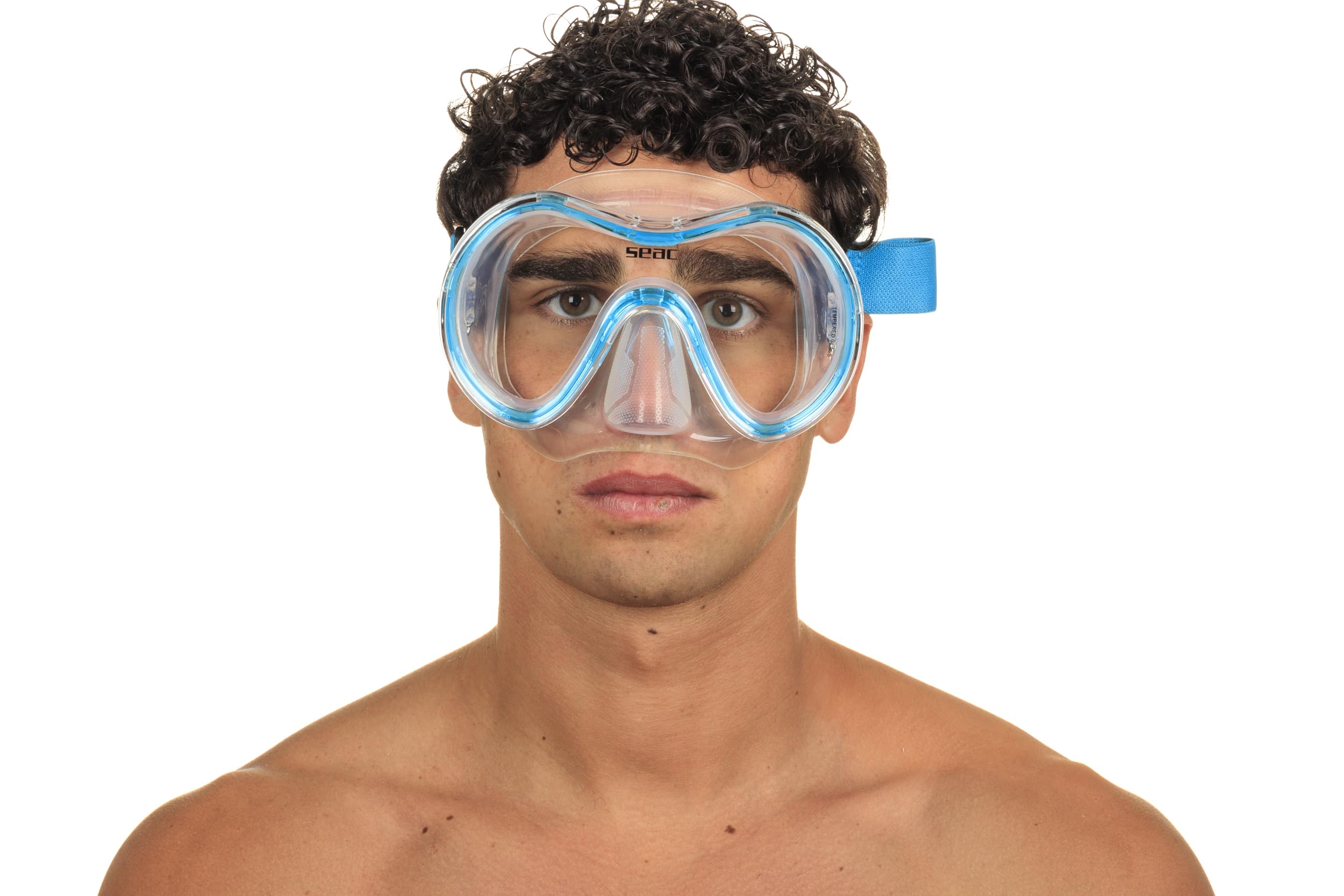 SEAC Unisex-Adult Sunrise Einteilige Tauch-und Schnorchelmaske aus gehärtetem Glas mit 3D-Schnalle, mit Kopfstück aus Textil oder Silikon