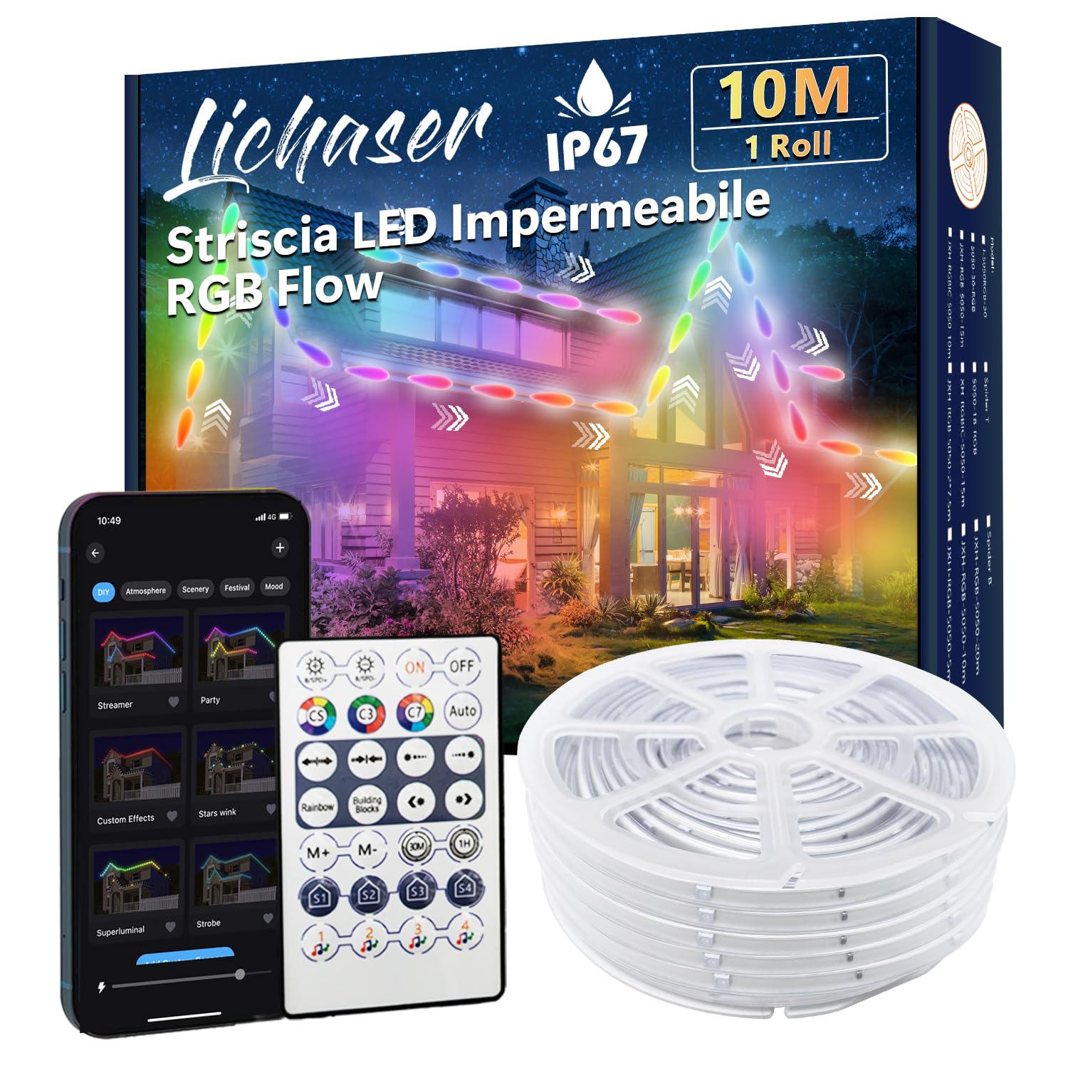 Lichaser 9m Striscia LED per Esterni Strisce LED Impermeabili Fai da te IP67 RGB+IC, Tracciamento e Segmentazione con App BT Etelecomando 2.4G RF per Uso Esterno