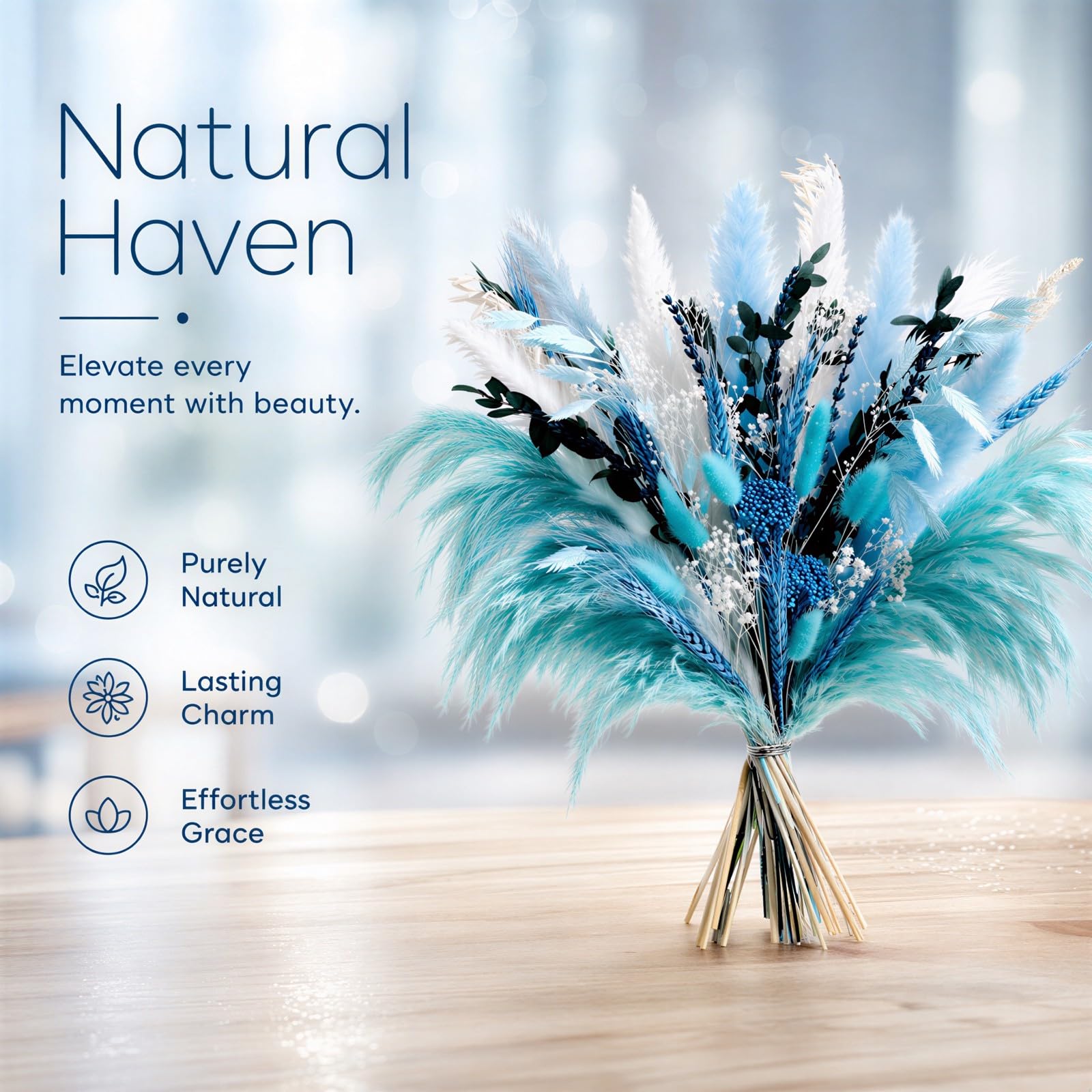 Blue Pampasgras Deko, 45 cm Trockenblumenstrauß aus Pampasgras mit gemischten weißen Blüten, Boho-Stil, natürliches Trockenblumen-Arrangement für Zuhause, Büro, Hochzeit und Landhaus-Tischdeko