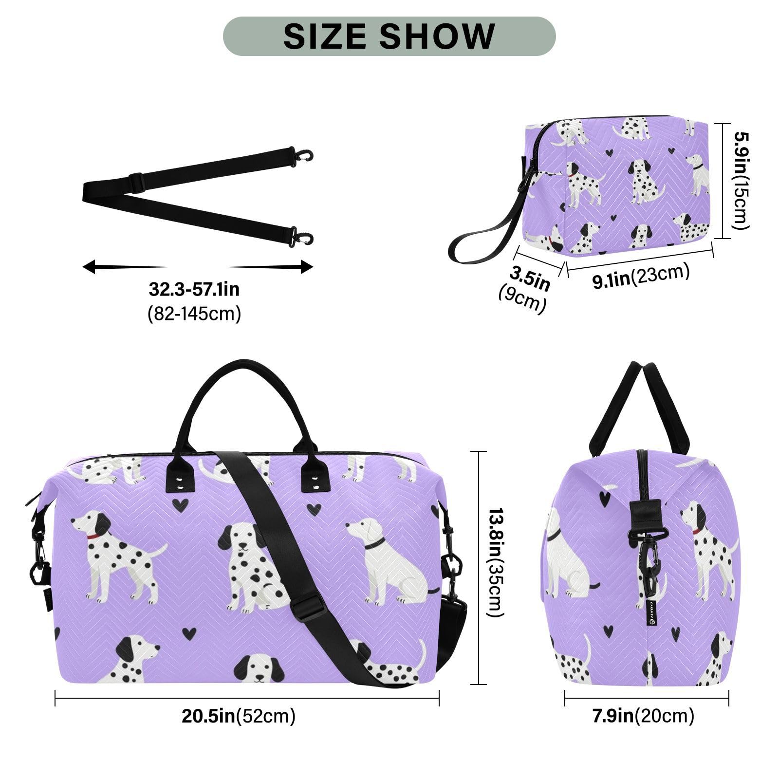 Reisetaschen-Set, große Tasche und Mini-Tasche, gesteppte Reißverschlussfächer, stabile Geschäftsreise, Dalmatiner-Violett, One Size, Klassisch