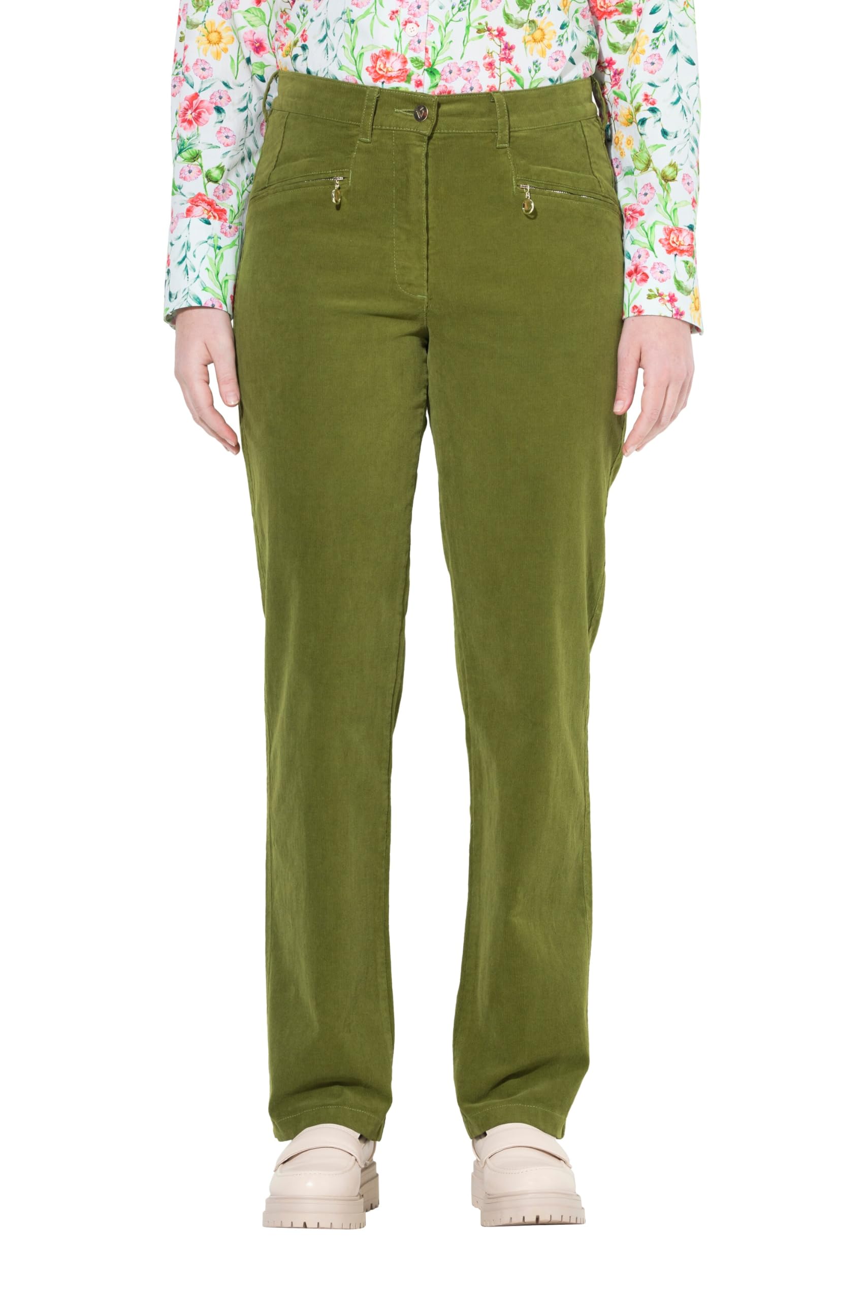 Ulla Popken Damen große Größen Übergrößen Plus Size Cordhose Mony, Komfortbund, Reißverschlusstaschen algengrün 22 809121420-22