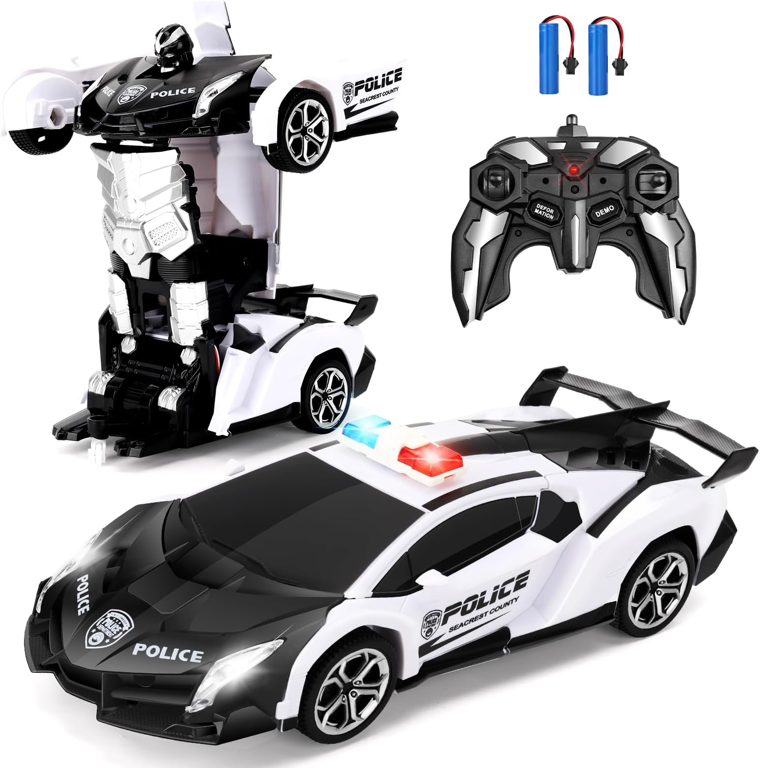 Remote Control Car -Transform, One-Button Deformation & 360°Rotating Drifting, Transform Robot RC Car with LED Light, Toy Gifts for 4 5 6 7 8 9 10 11 12 Years Old Boy (White)