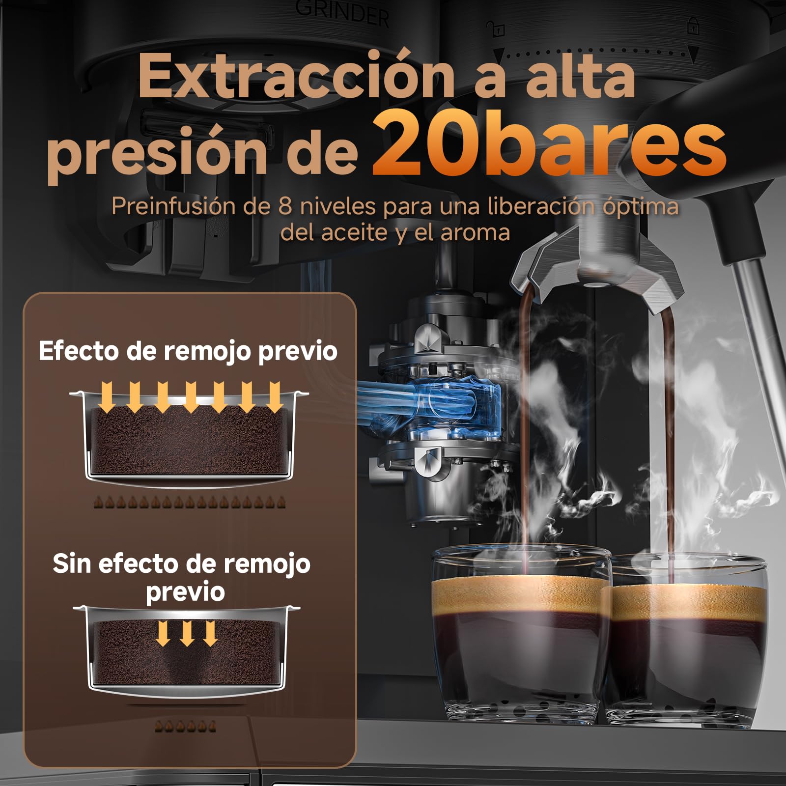 AMZCHEF Cafetera express con molinillo, cafetera espresso 20 bar para casa con vaporizador de leche, 3 niveles de temperatura, 20 ajustes de molienda, función de café frío y caliente, pantalla táctil