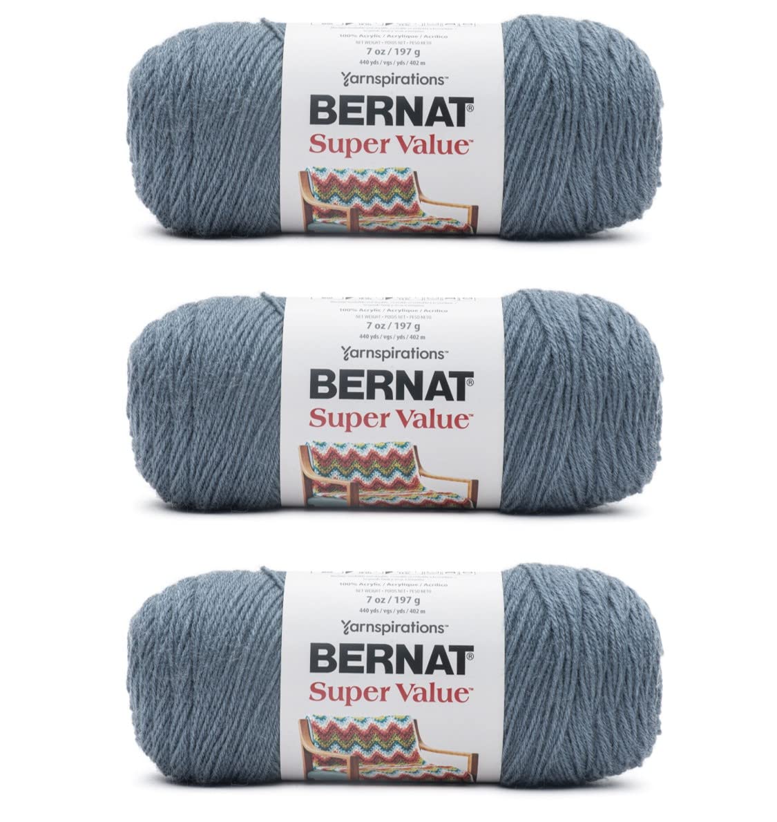 Bernat Super Value Yarn for Crocheting Soft, Colonial Blue, 3-Pack