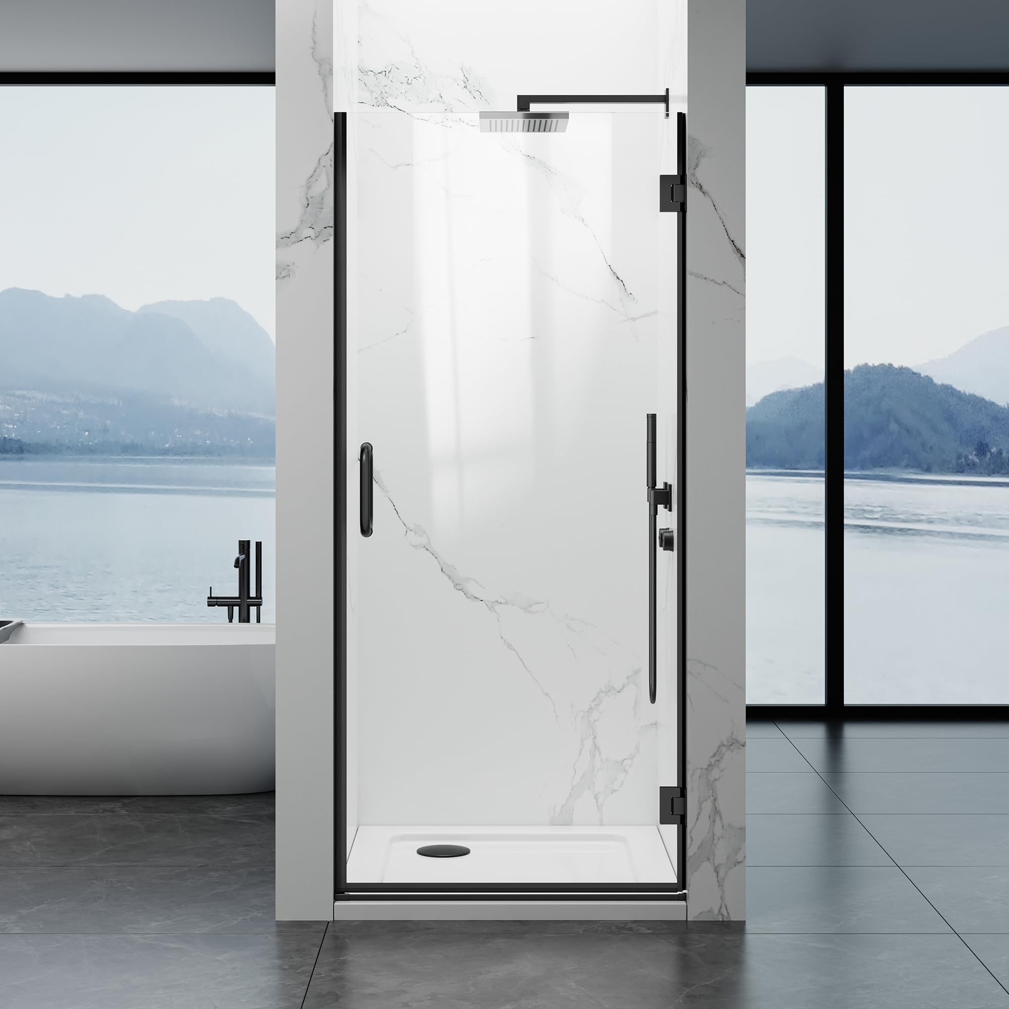 Photo 1 of YTSAHSTT Framelss Hinged Shower Door, 34" W x 76" H Single Swing Pivot Shower Door, 3/8" (10mm) Tempered Glass with Nano Coating, Stainless Handle, Glass Door for Walk-in Shower - Matte Black