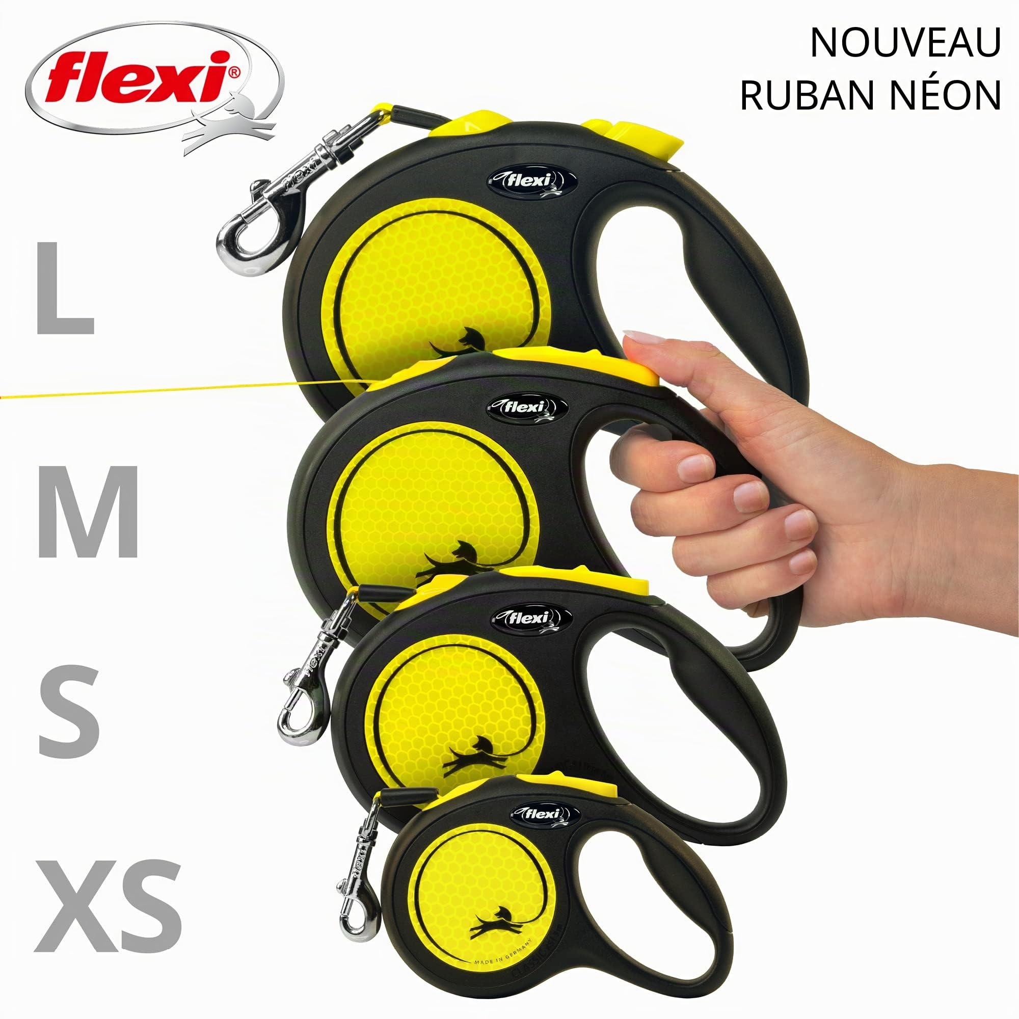 Flexi Laisse néon pour Chien avec Bande réfléchissante, Ergonomique, Durable et sans nœuds, 4,9 m, Taille L, Couleur Fluo/Noir