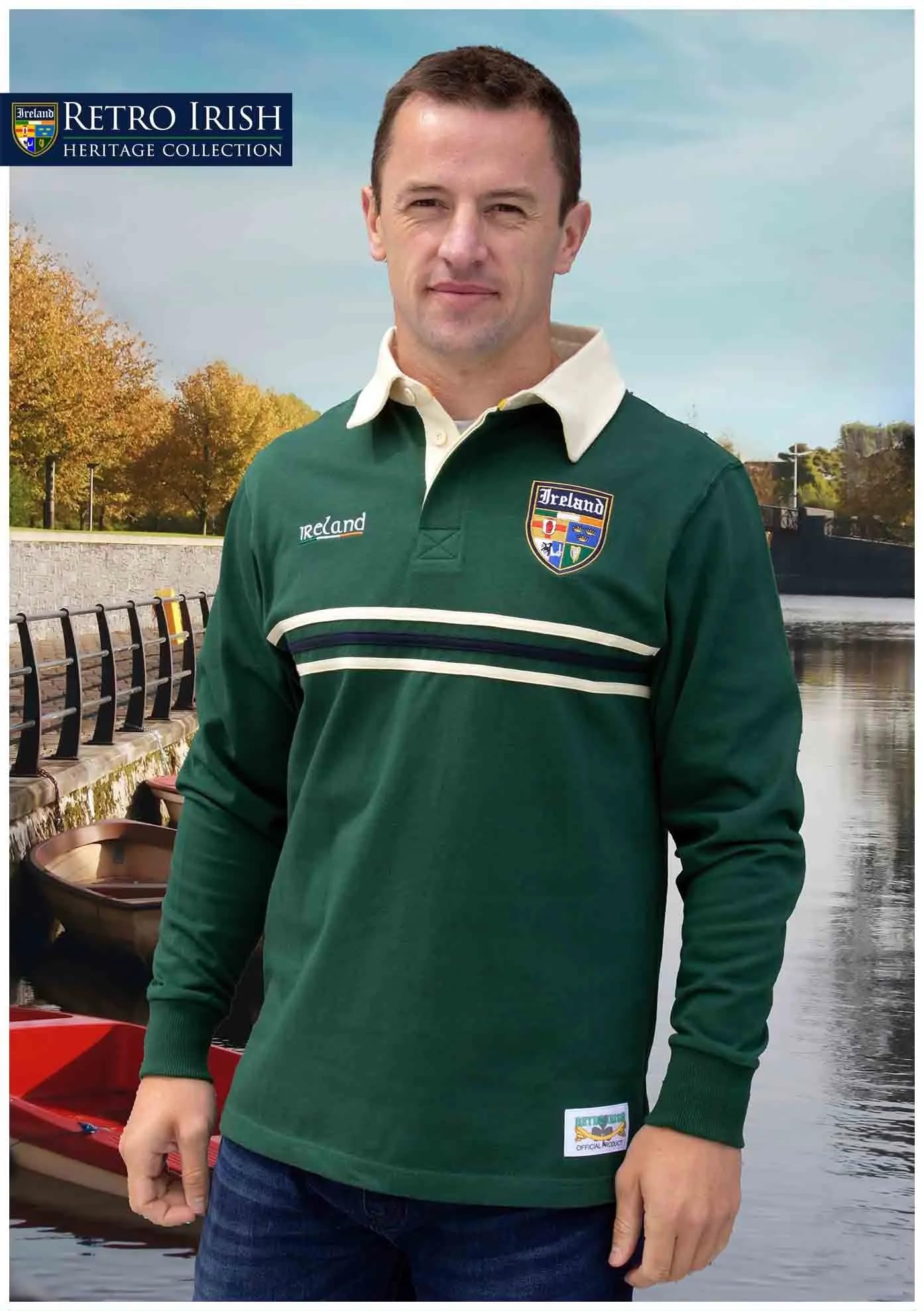 Retro Irish Men's Rugby Shirt with Contrast Chest Cut 'n' Sew Stripes and a Contrast Collar, 100% Cotton, Made in Ireland (US, Alpha, Large, Regular, Regular, Green)