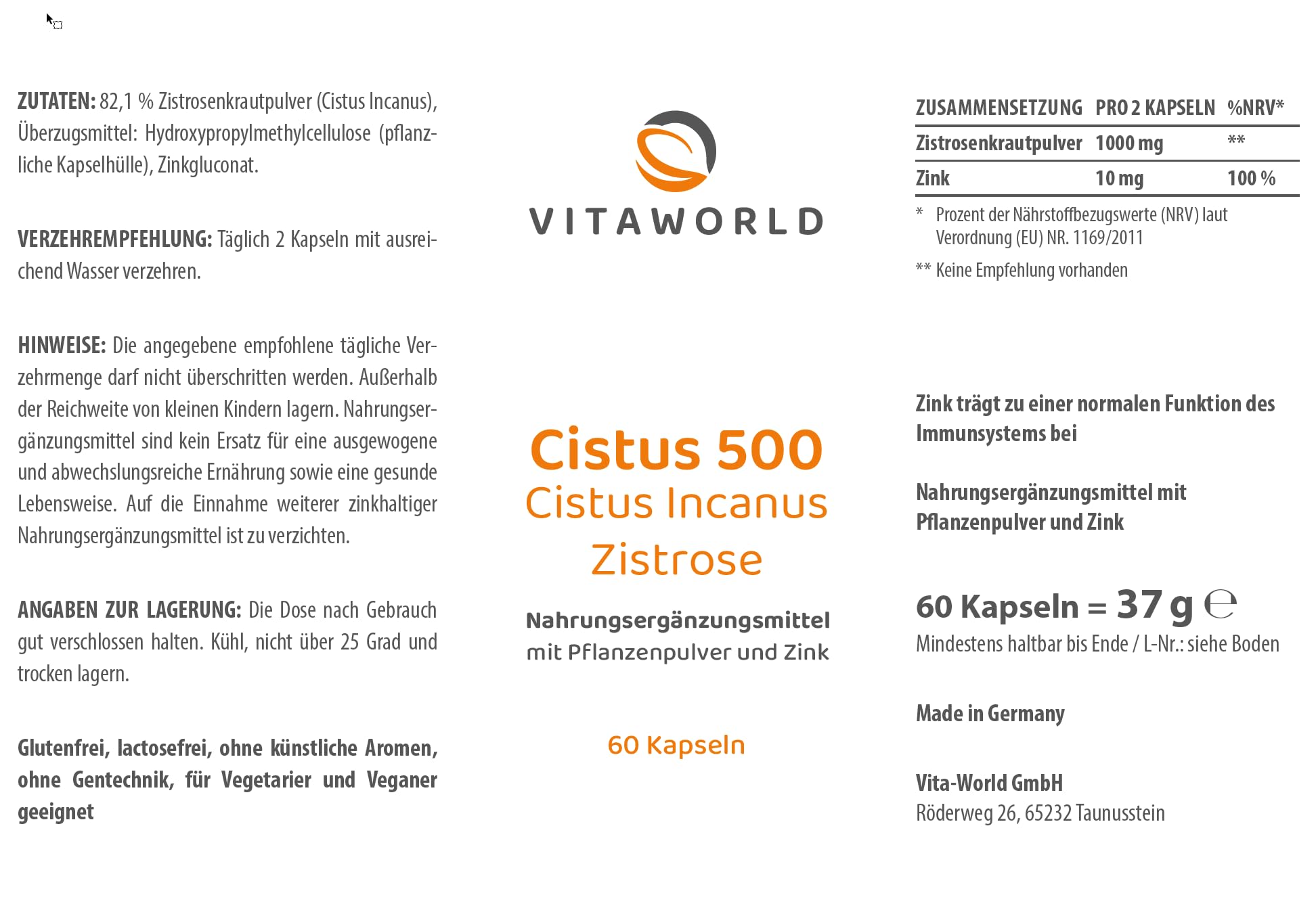3er Pack Vita World Cistus 500 Cistus Incanus Zistrose 3 x 60 Kapseln Made in Germany Zink Zistrosenkonzentrat