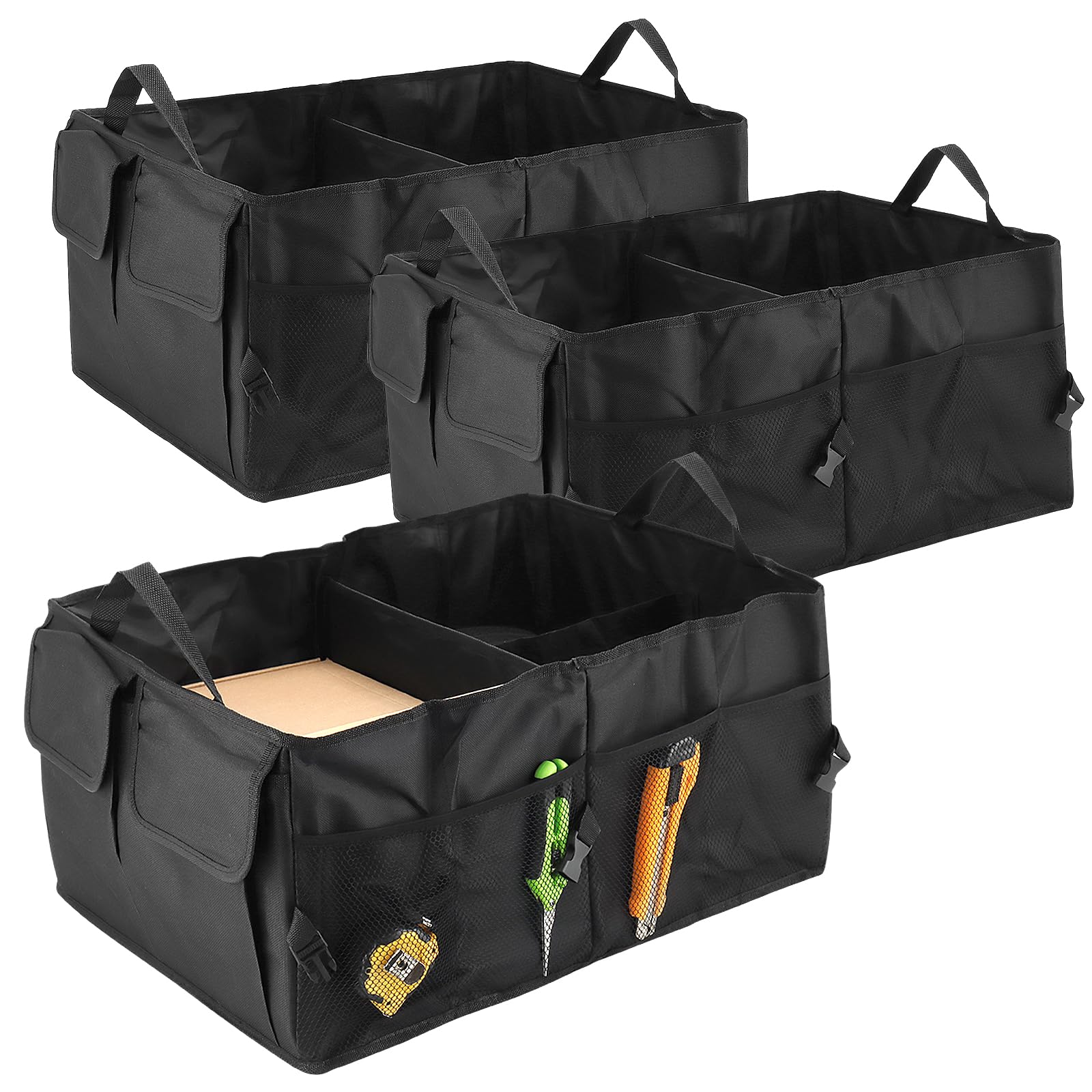 FUNSUEI 3 organizer per la spesa per bagagliaio, organizer pieghevole per bagagliaio, borsa della spesa nera, organizer per bagagliaio auto, grandi scatole portaoggetti per tutti i veicoli, 56 x 39 x
