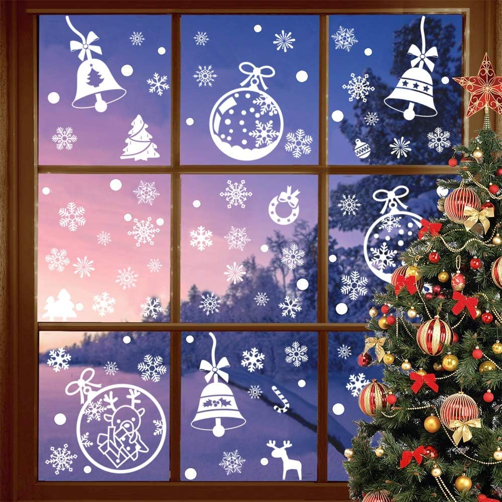 Benvo 190+ Pcs Christmas Decorations Holiday Window Clings Stickers Snowflake Window Decal Includes Christmas Tree, Bells, Snowflake, Candy Cane and More Ornaments for Xmas Festive Decorations