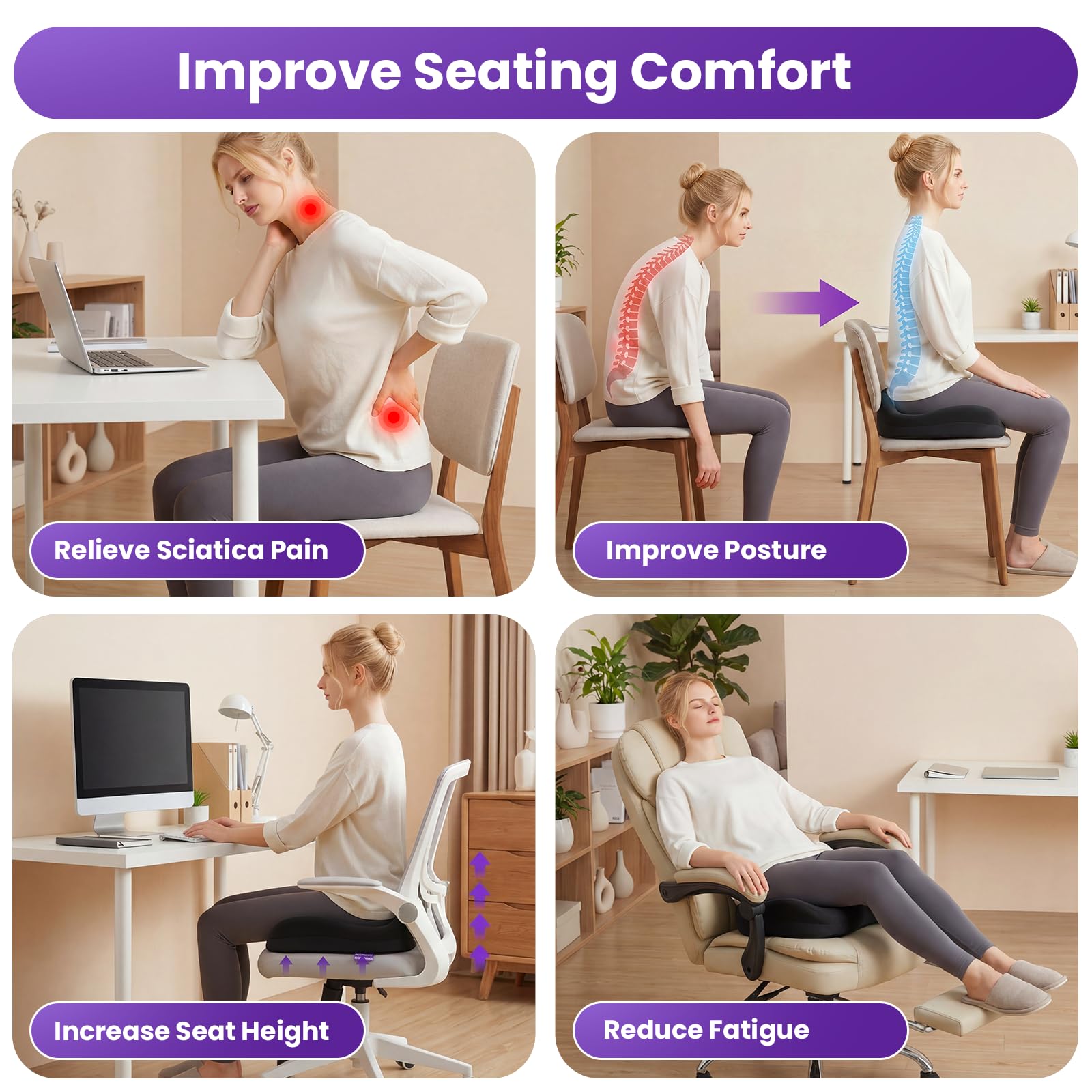 ZZ-WELL Cojín de asiento para silla de oficina, cojín de espuma viscoelástica de tamaño grande para sentarse durante mucho tiempo (negro)