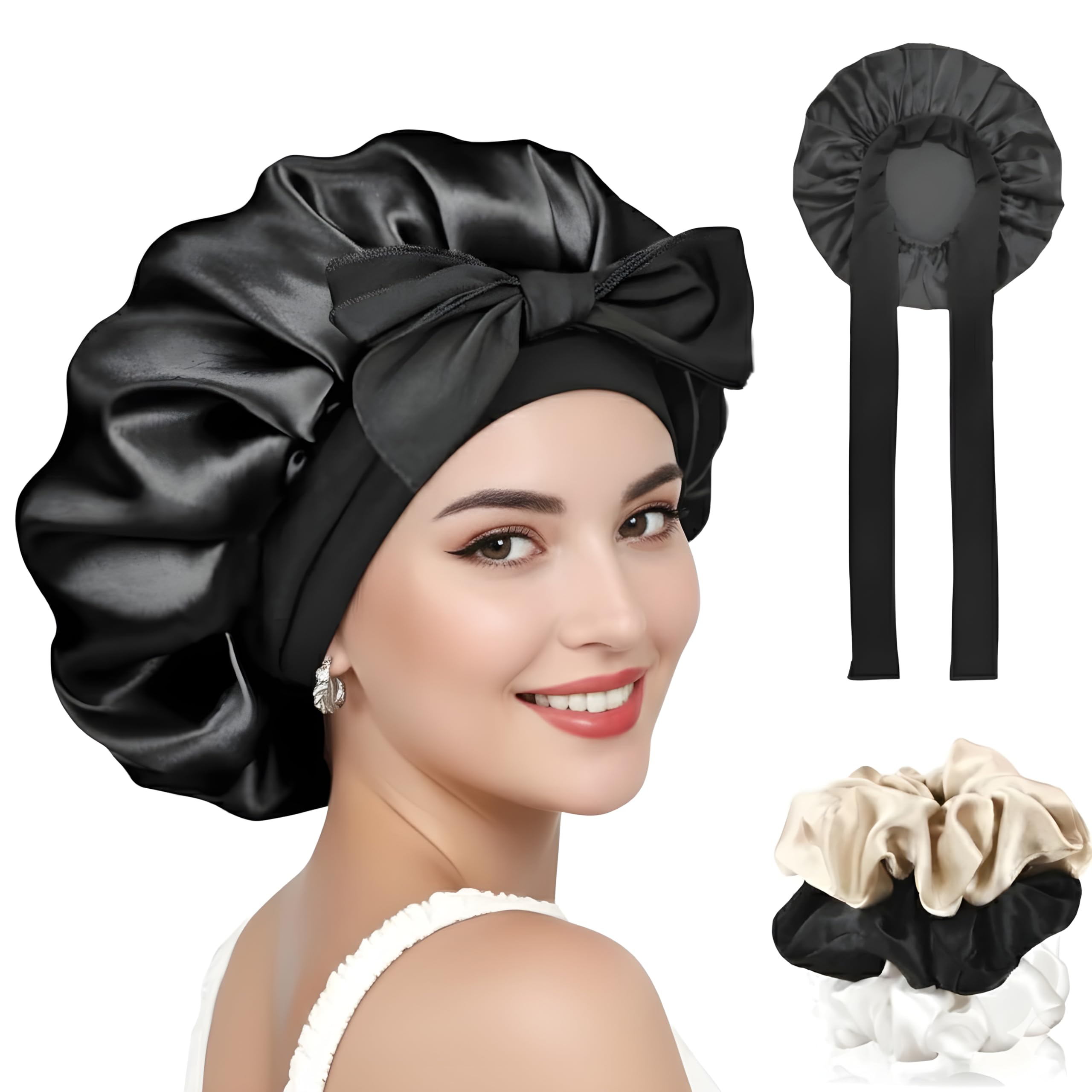 Candibella Silk Bonnet for Hair with 3 Scrunchies, Adjustable Silk Hair Cap for Sleeping, Satin Bonnet for Curly Hair with Wide Elastic Tie Band
