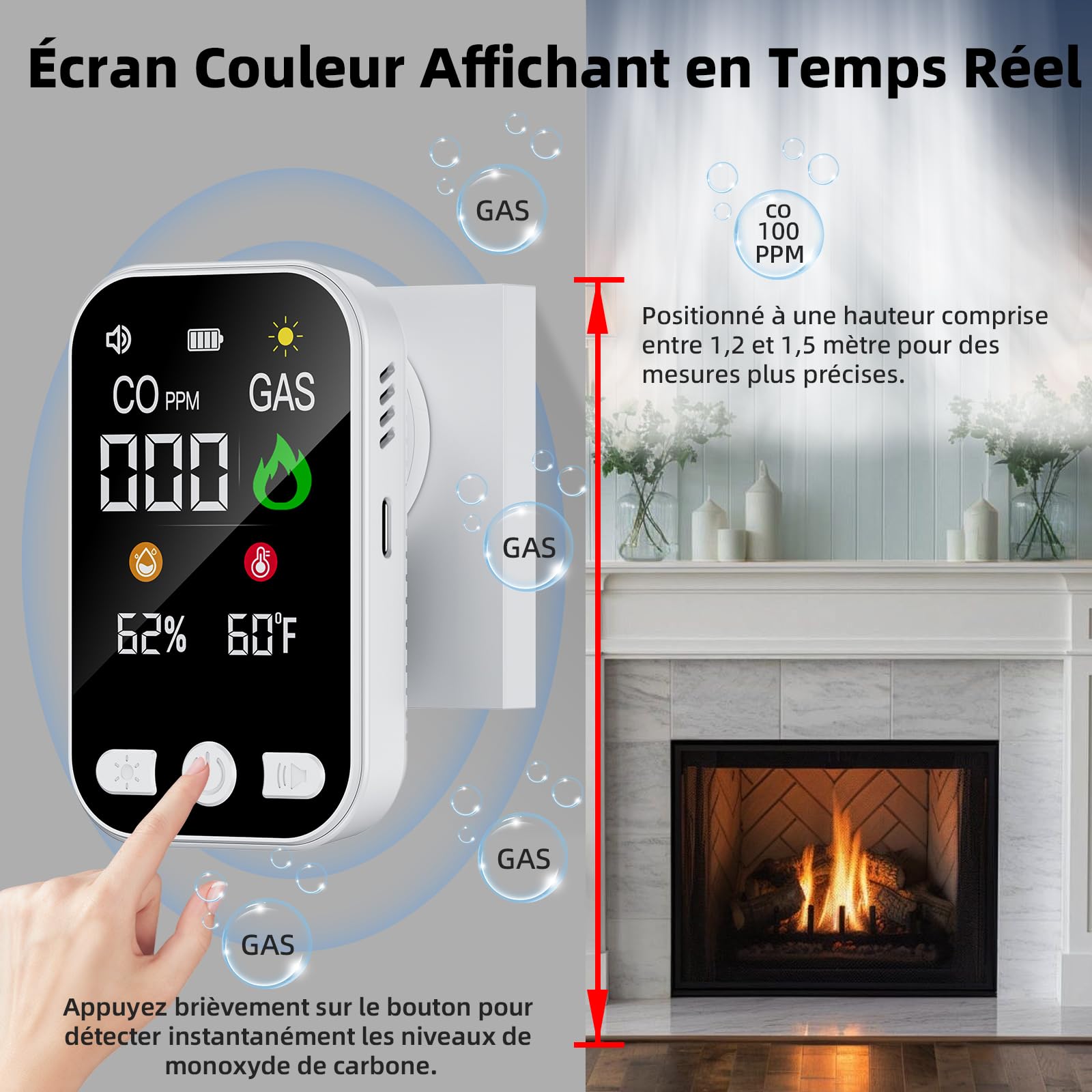 4 in 1 Plug in Détecteur Monoxyde de Carbone,Alarme de CO Portatif,Detecteur de Gaz avec Batterie 1000mah Rechargeable Intégrée & HD L'écran[CO Temp Humidité]- Norme en 50291-Blanc