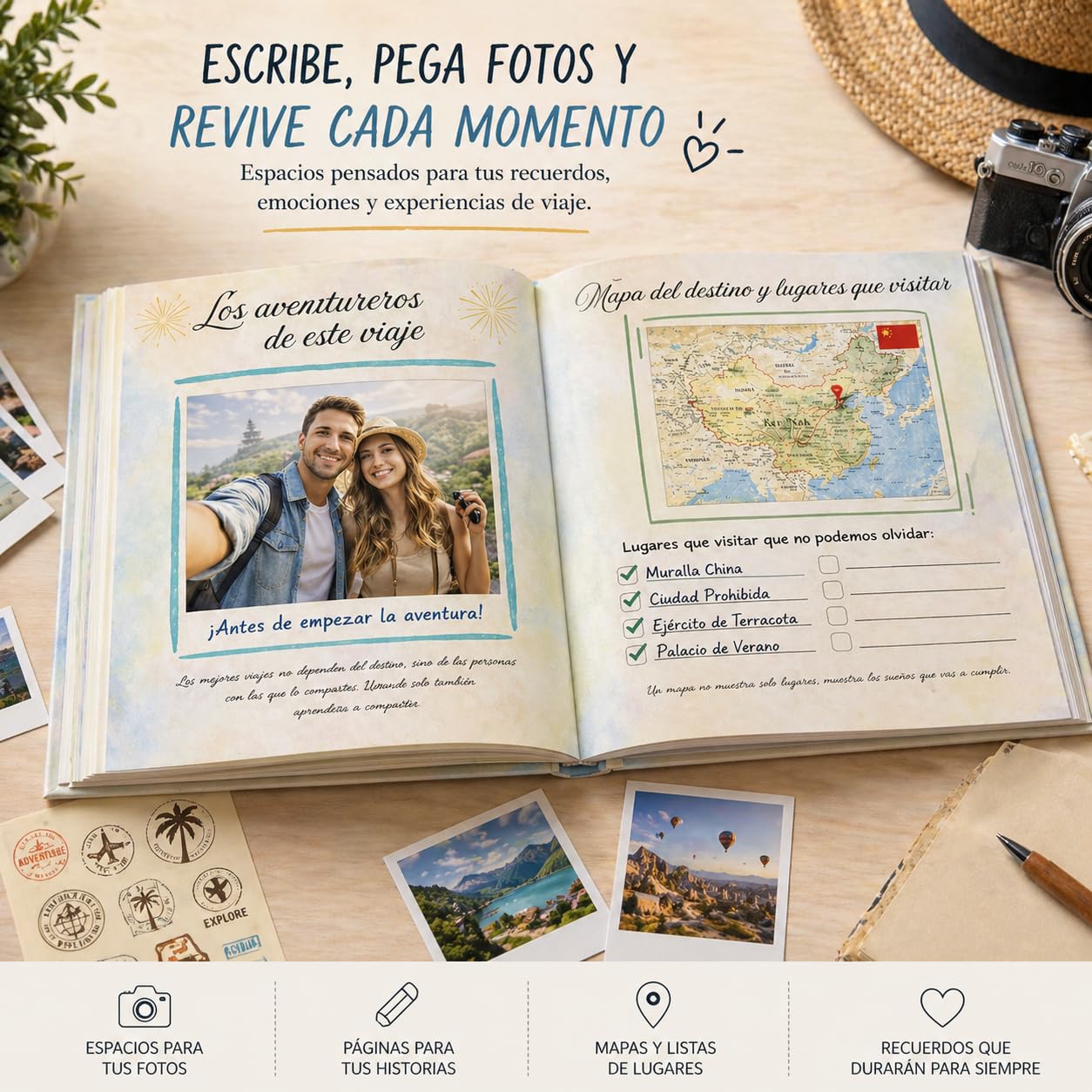 Álbum de Fotos de Viaje para Pegar y Escribir – Diario de Viaje y Scrapbook de Recuerdos | Travel Journal para Fotos y Experiencias | Libro Aventuras por el Mundo Regalo para Viajeros