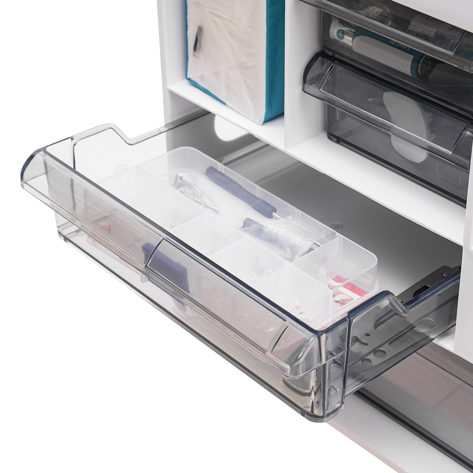 Organizer da scrivania bianco, organizer da ufficio, in plastica, organizer da scrivania con porta carte e cassetto, 34 x 25,5 x 24,5 cm