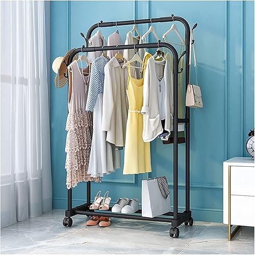 LIFOND Perchero para ropa con ruedas, doble ropa de metal resistente desmontable con estantes, fácil de montar, barra de ropa para decoración de