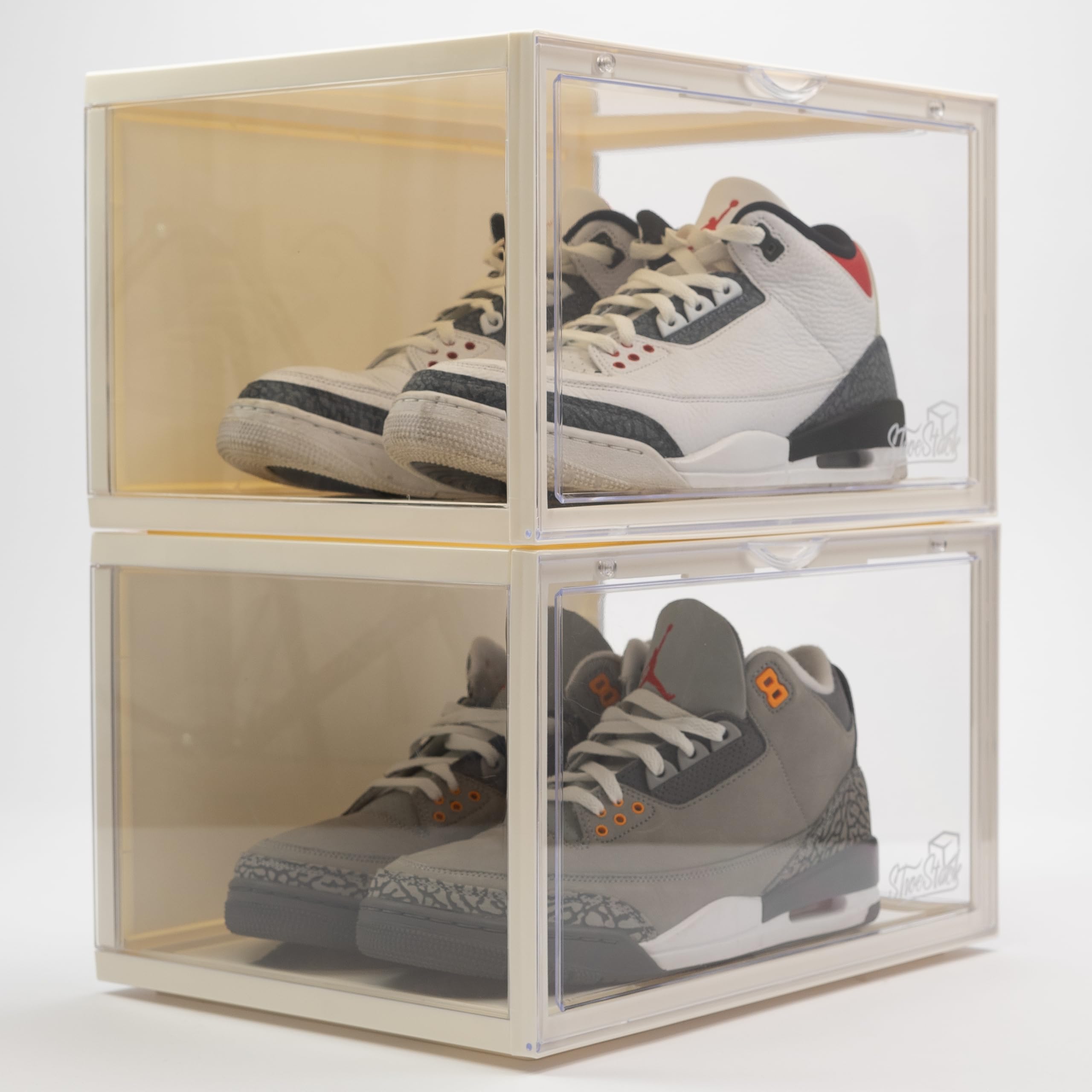 ShoeStack Shoe Storage Boxes, 180 Degree View, Acrylic, stackable shoe crates, Black, White, (2Pack) (White)