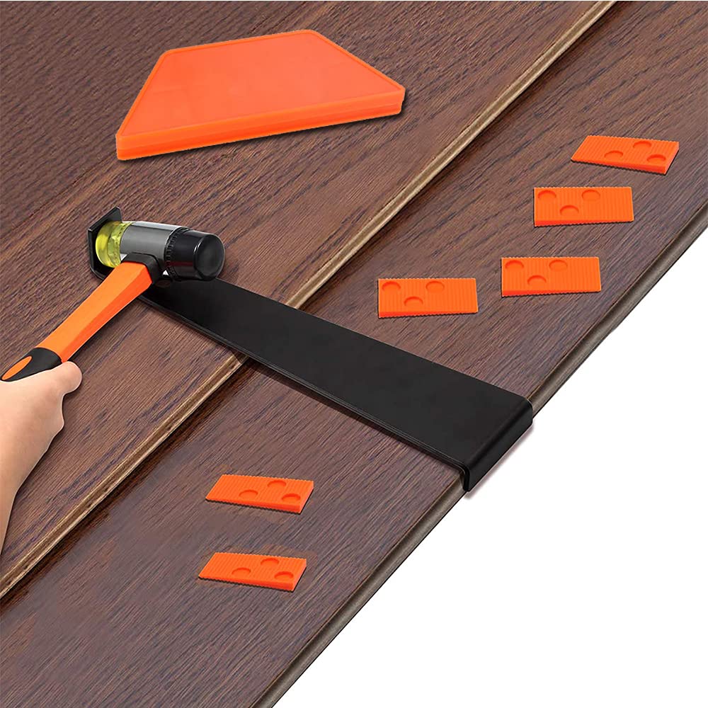 Kit de instalación de suelos de madera laminada con 40 espaciadores, mazo de doble cabeza, bloque de roscado y barra de tracción (naranja)