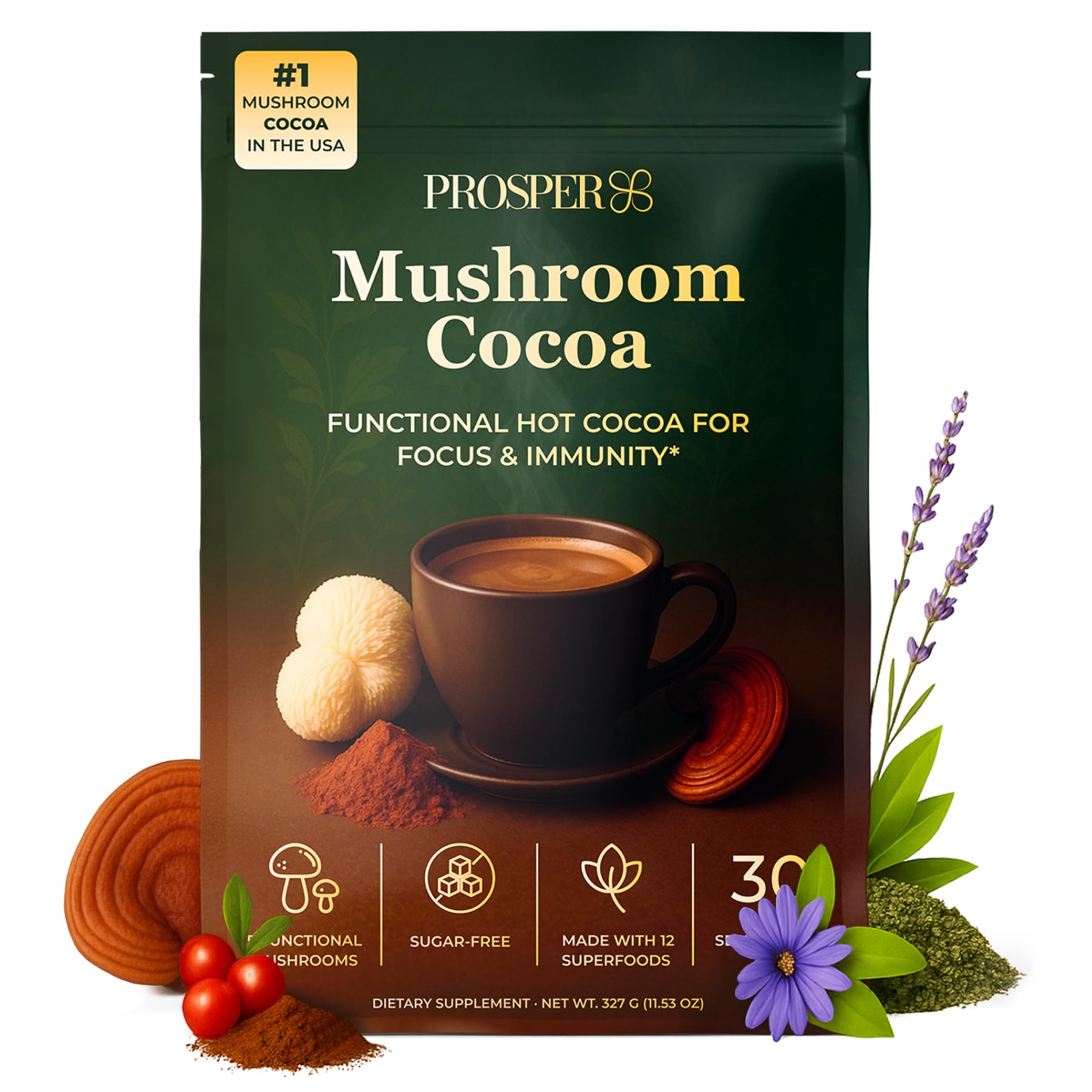 Mushroom Cocoa - Functional Hot Cocoa for Focus Immunity Lions Mane Cordyceps Chaga Reishi Turkey Tail Ashwagandha -