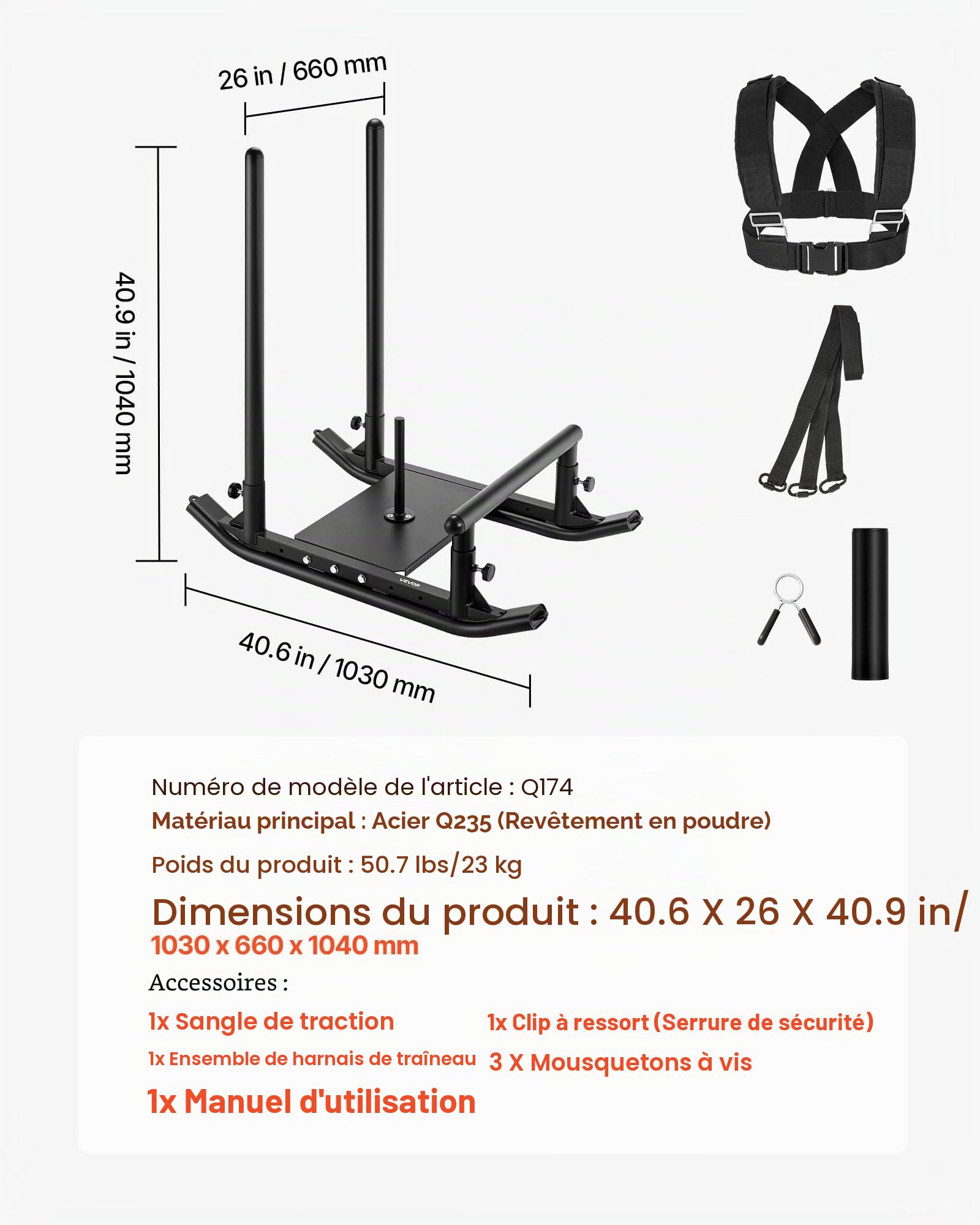 VEVOR Luge de poids, luge électrique en acier, luge d'entraînement physique pour améliorer la vitesse d'exercice, équipement d'entraînement avec poignée réglable en hauteur