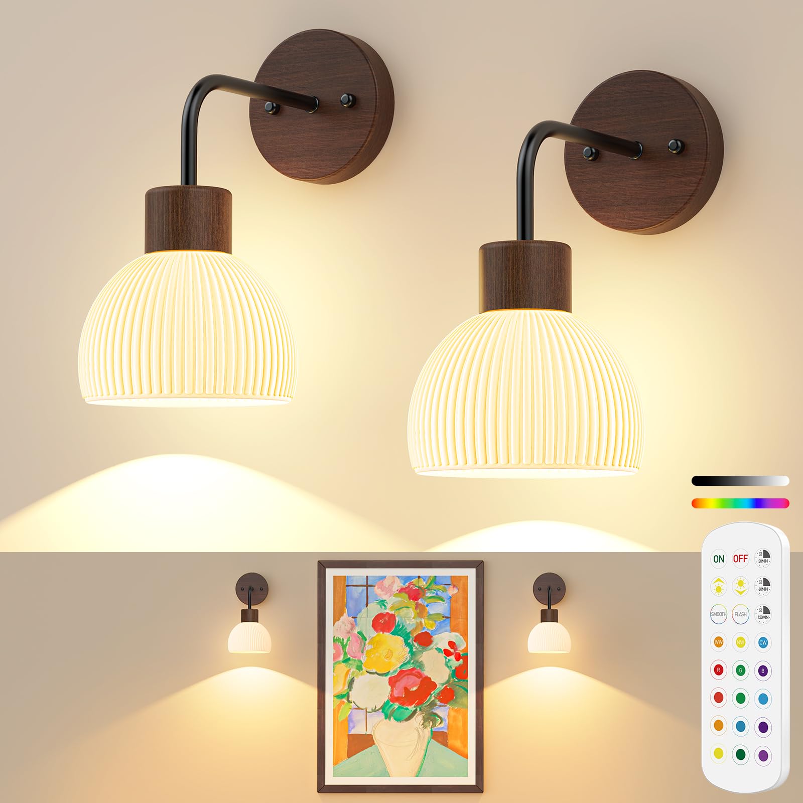 Photo 1 of PRTILOUD Glass Battery Operated Wall Sconces Set of 2, Rechargeable Wall Lamp with Remote, 12 Colors Dimmable Wireless Sconces Wall Decor Set of 2 with Timer for Bedroom Living Room (Walnut, 2 Pack)