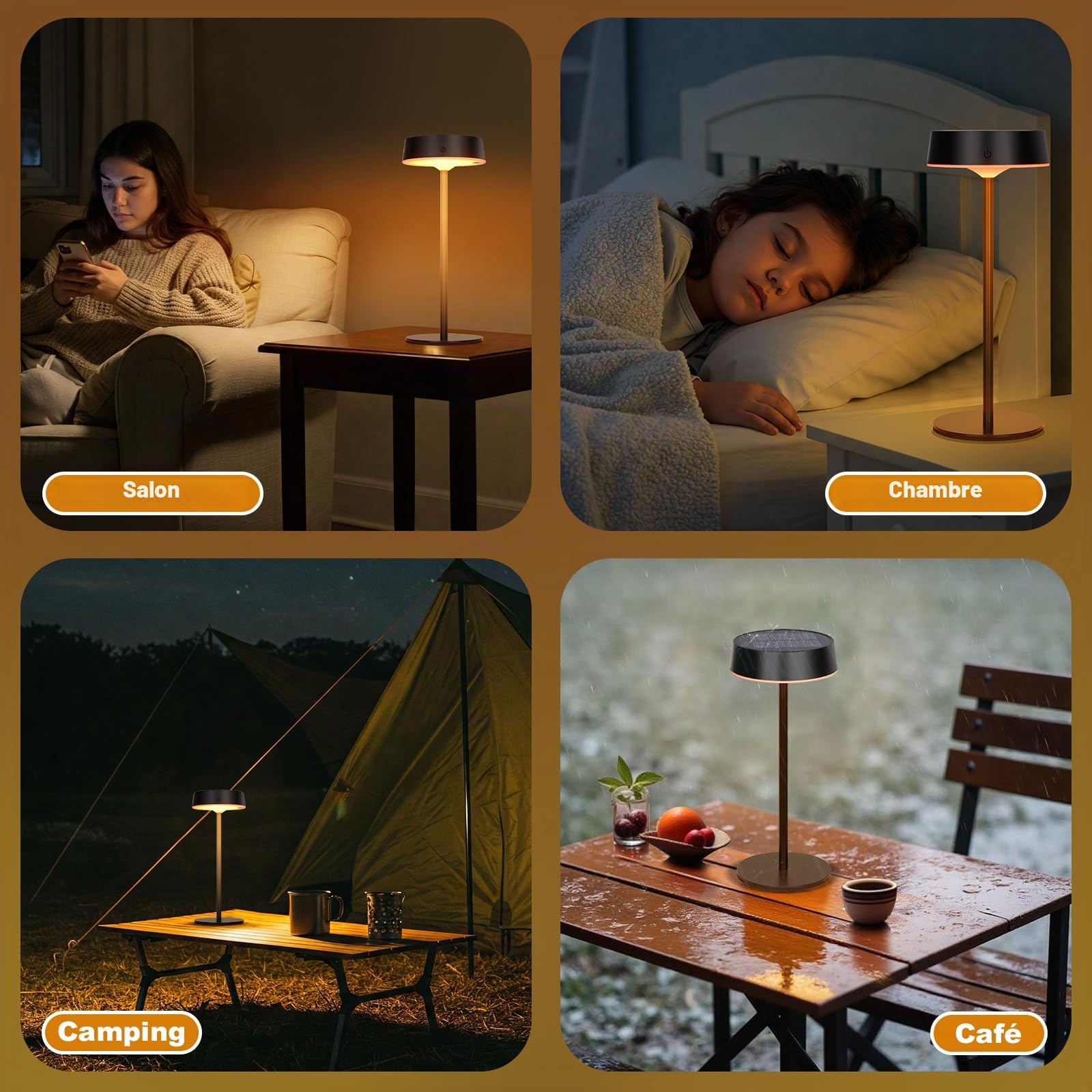 Lampe de Table LED Sans Fil & Solaire d'Extérieur avec Interrupteur Tactile, Rechargeable par USB, 3 Températures de Couleur, Intensité Variable en Continu pour Intérieur & Extérieur (Noir*Lot de 2)